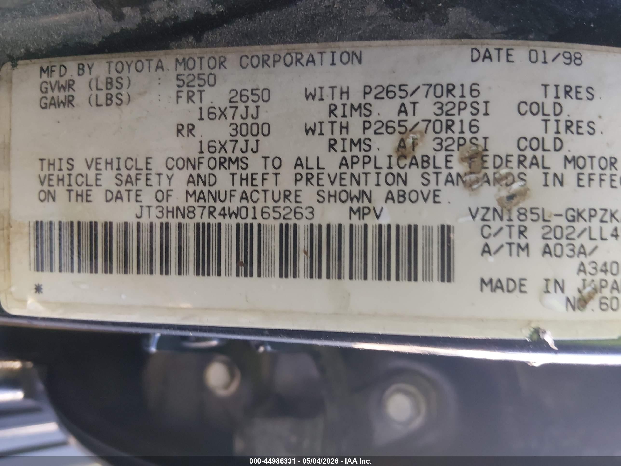 1998 Toyota 4runner Sr5 V6 Limited Черный vin: JT3HN87R4W0165263