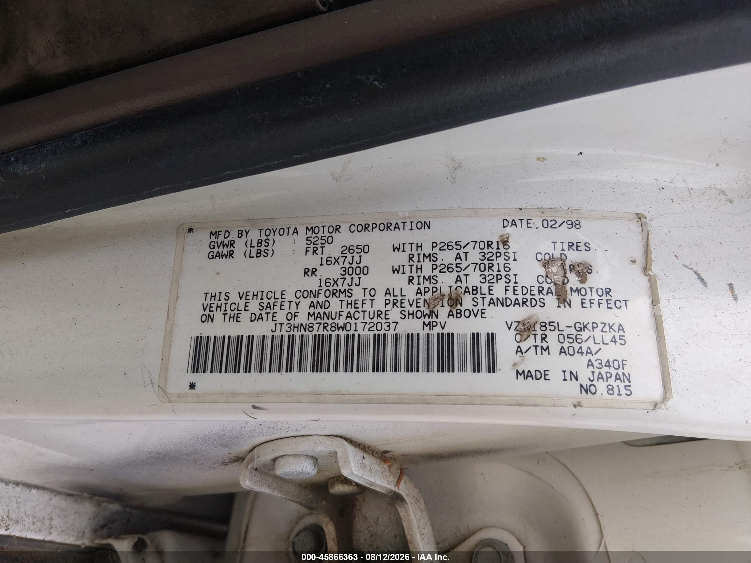 1998 Toyota 4runner Sr5 V6 Limited Белый vin: JT3HN87R8W0172037