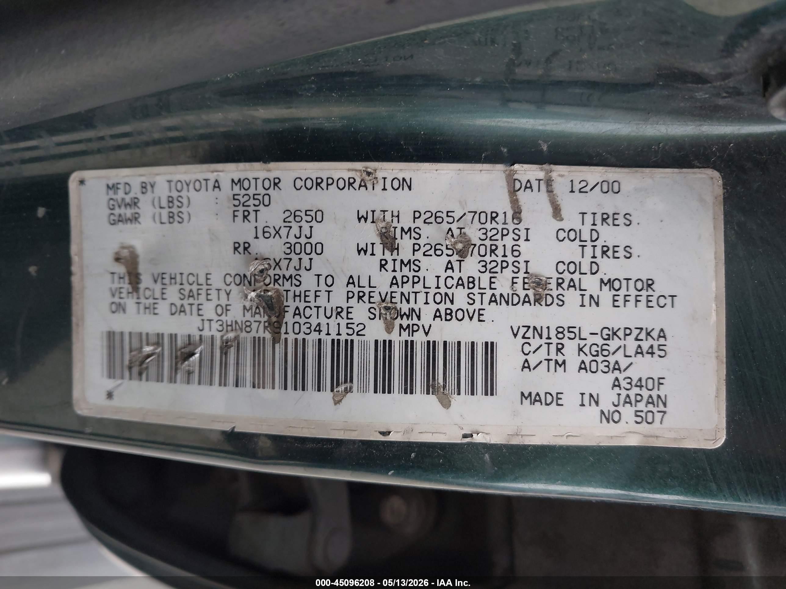 2001 Toyota 4runner Limited V6 Green vin: JT3HN87R910341152