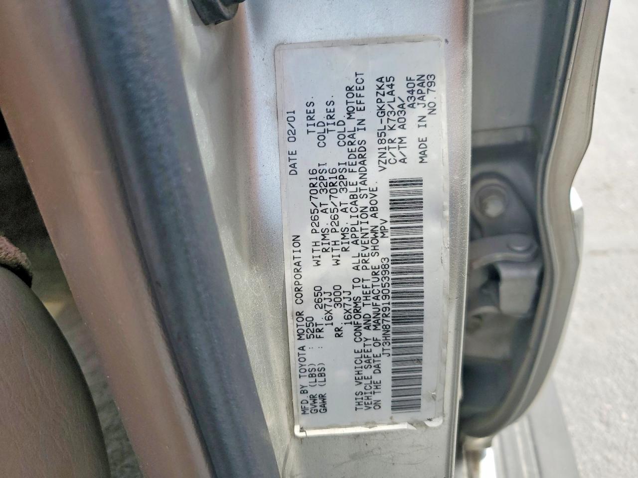 2001 Toyota 4runner Limited Tan vin: JT3HN87R919053983
