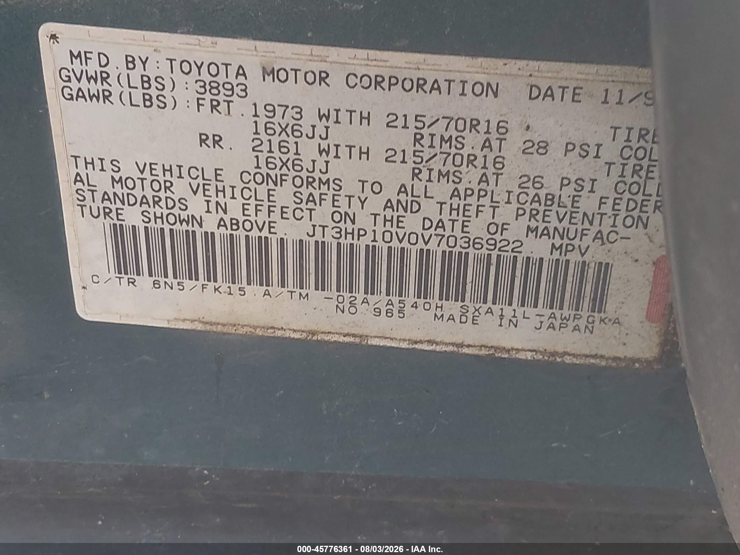 1997 Toyota Rav4   Blue vin: JT3HP10V0V7036922