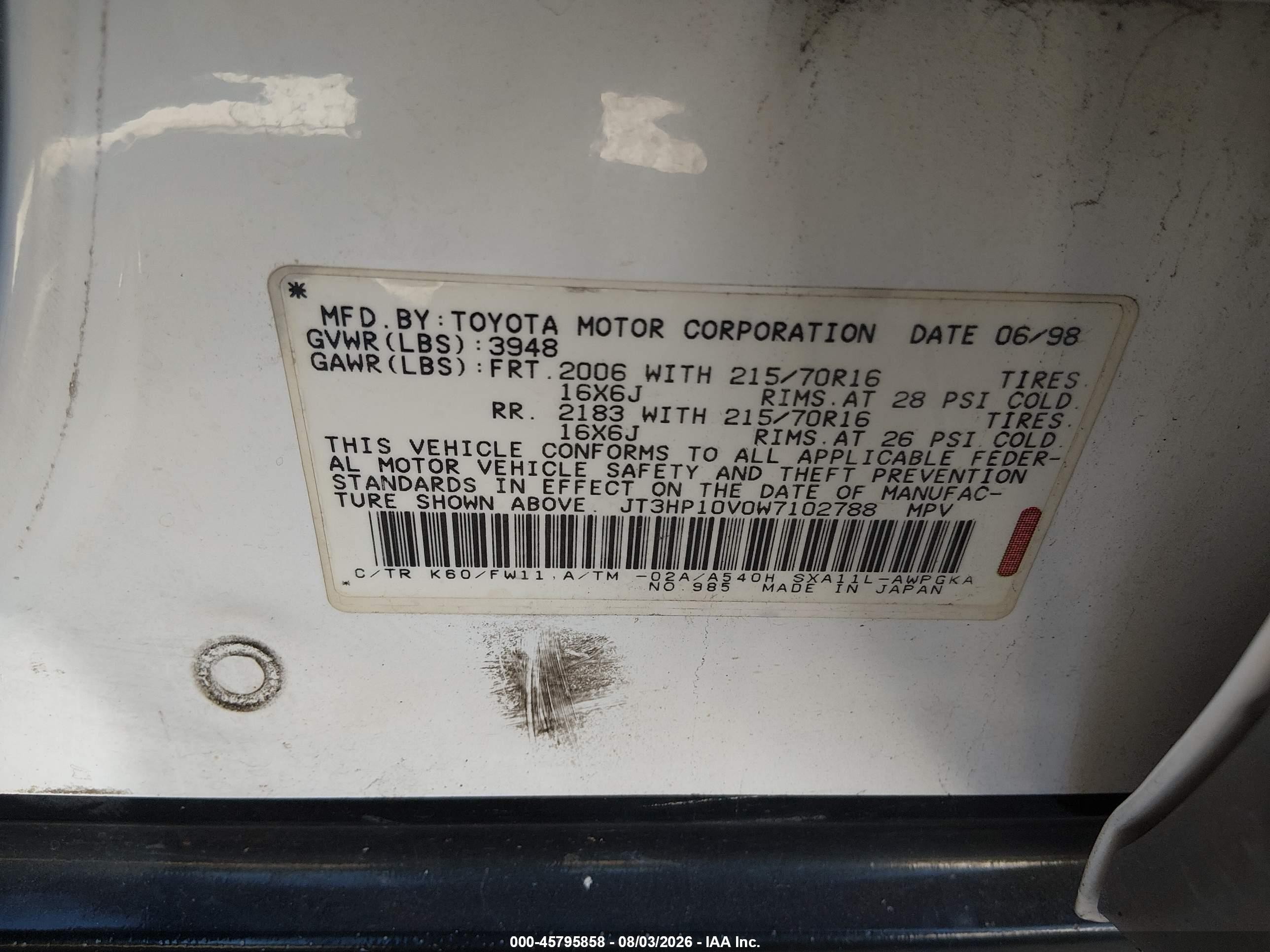 1998 Toyota Rav4   White vin: JT3HP10V0W7102788
