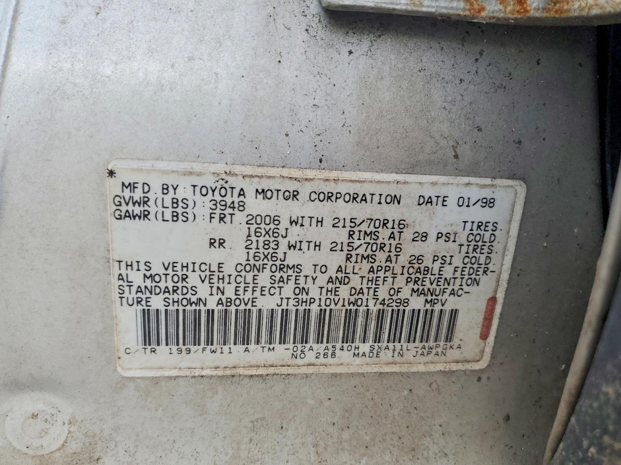 1998 Toyota Rav4 Base Серебряный vin: JT3HP10V1W0174298