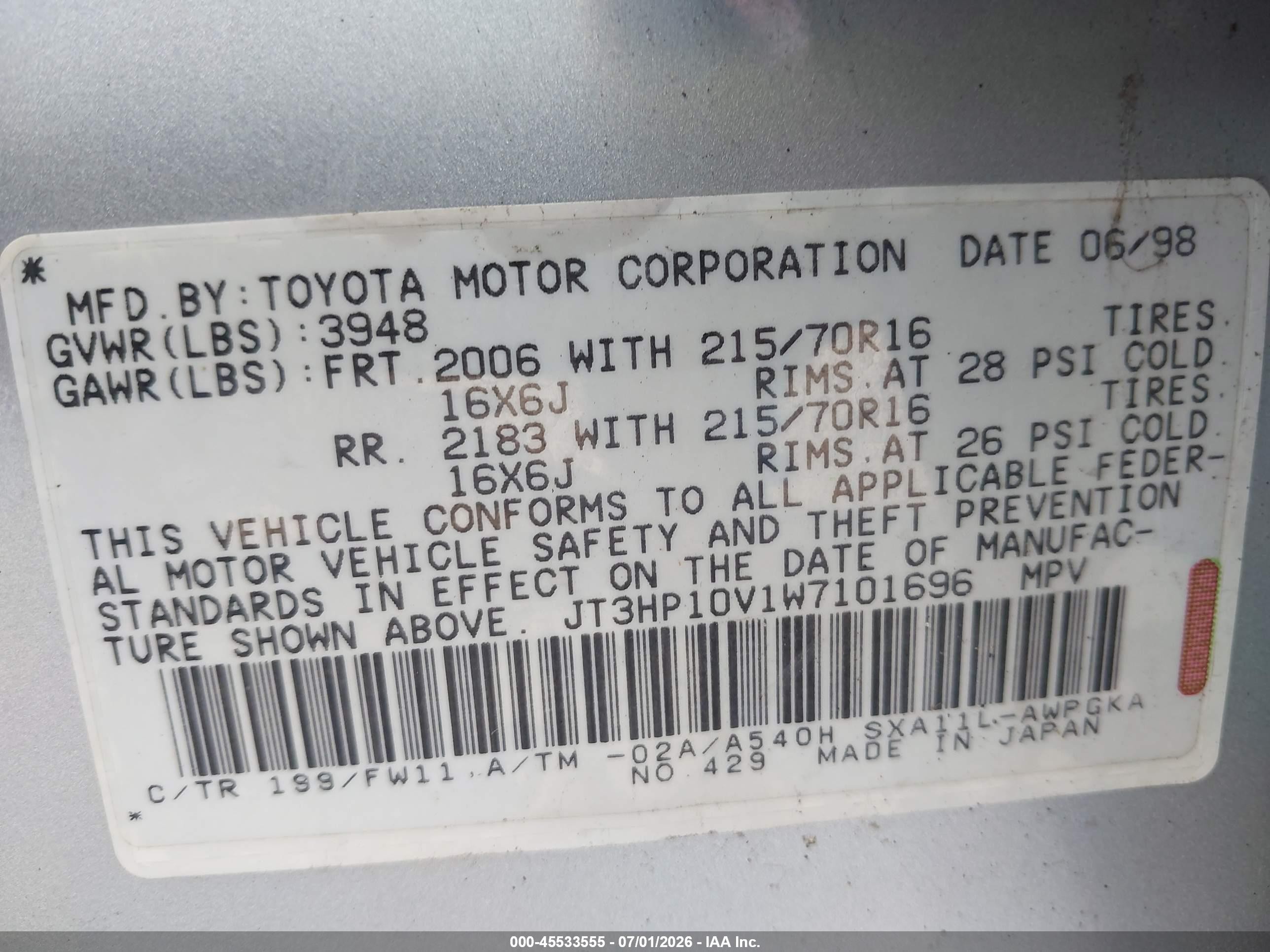 1998 Toyota Rav4   Silver vin: JT3HP10V1W7101696