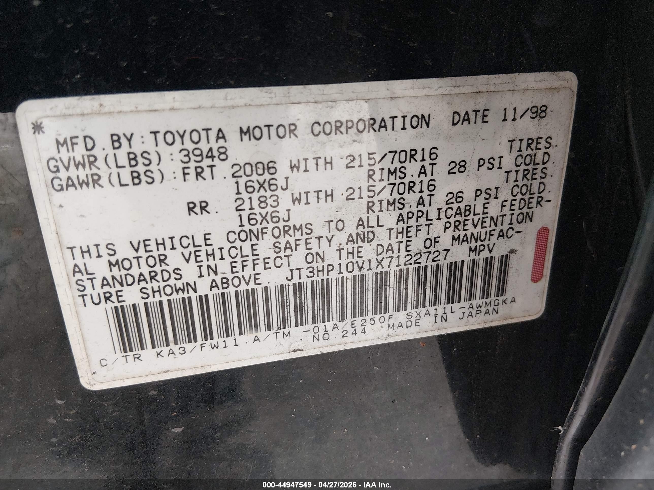 1999 Toyota Rav4   Black vin: JT3HP10V1X7122727