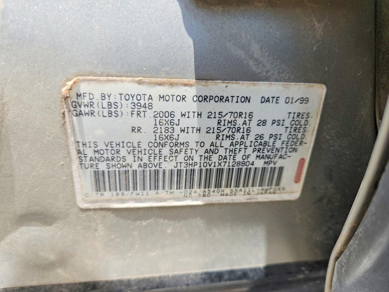 1999 Toyota Rav4 Ev Base Silver vin: JT3HP10V1X7128804