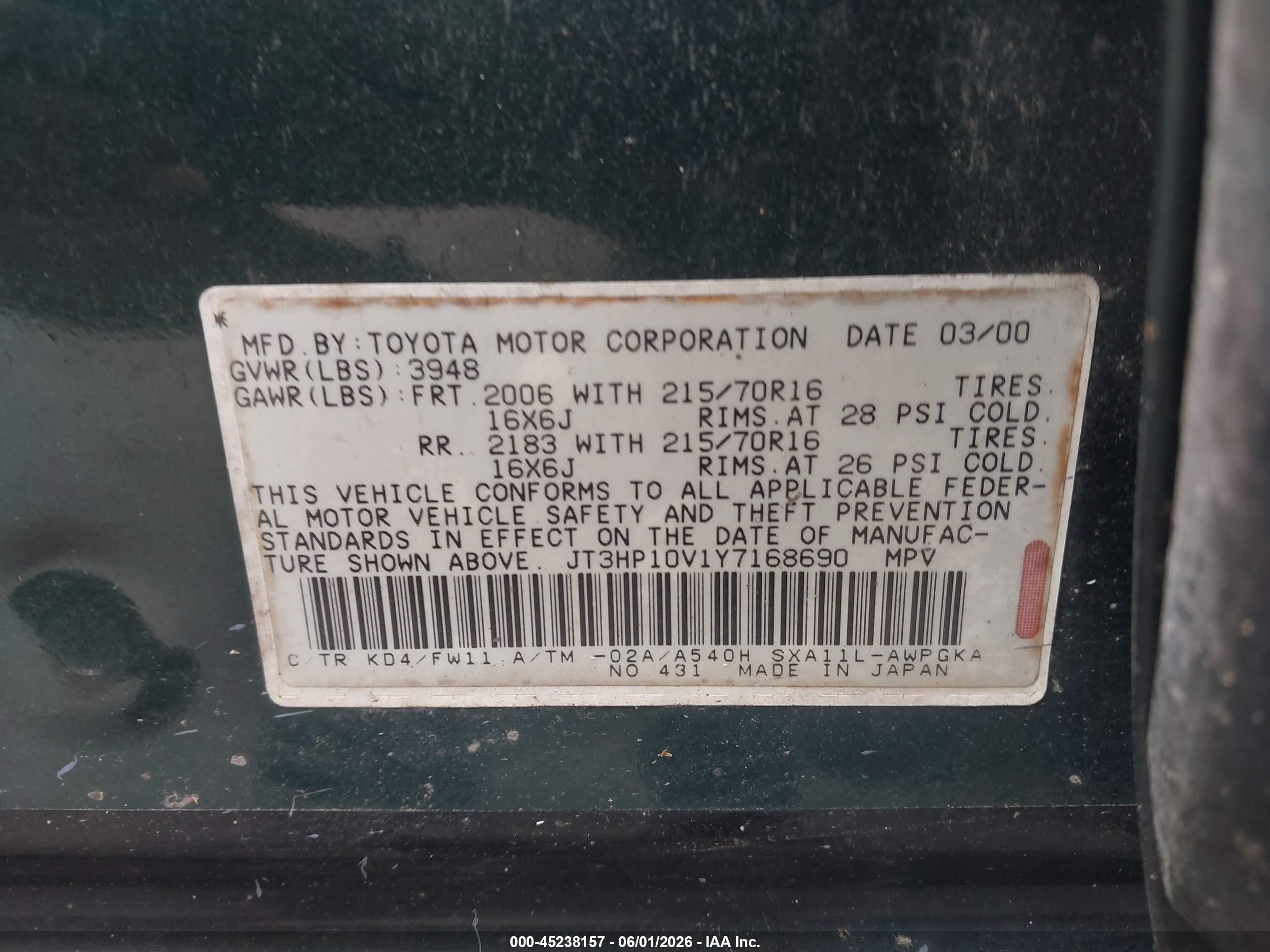 2000 Toyota Rav4   Green vin: JT3HP10V1Y7168690