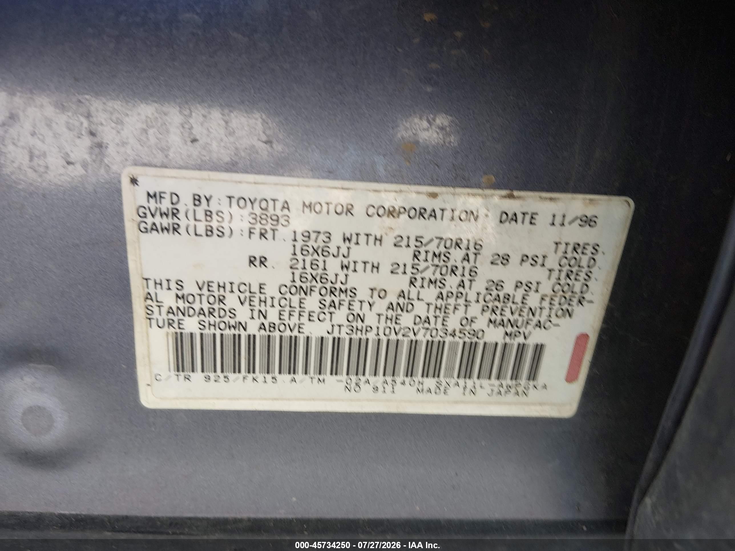 1997 Toyota Rav4   Blue vin: JT3HP10V2V7034590