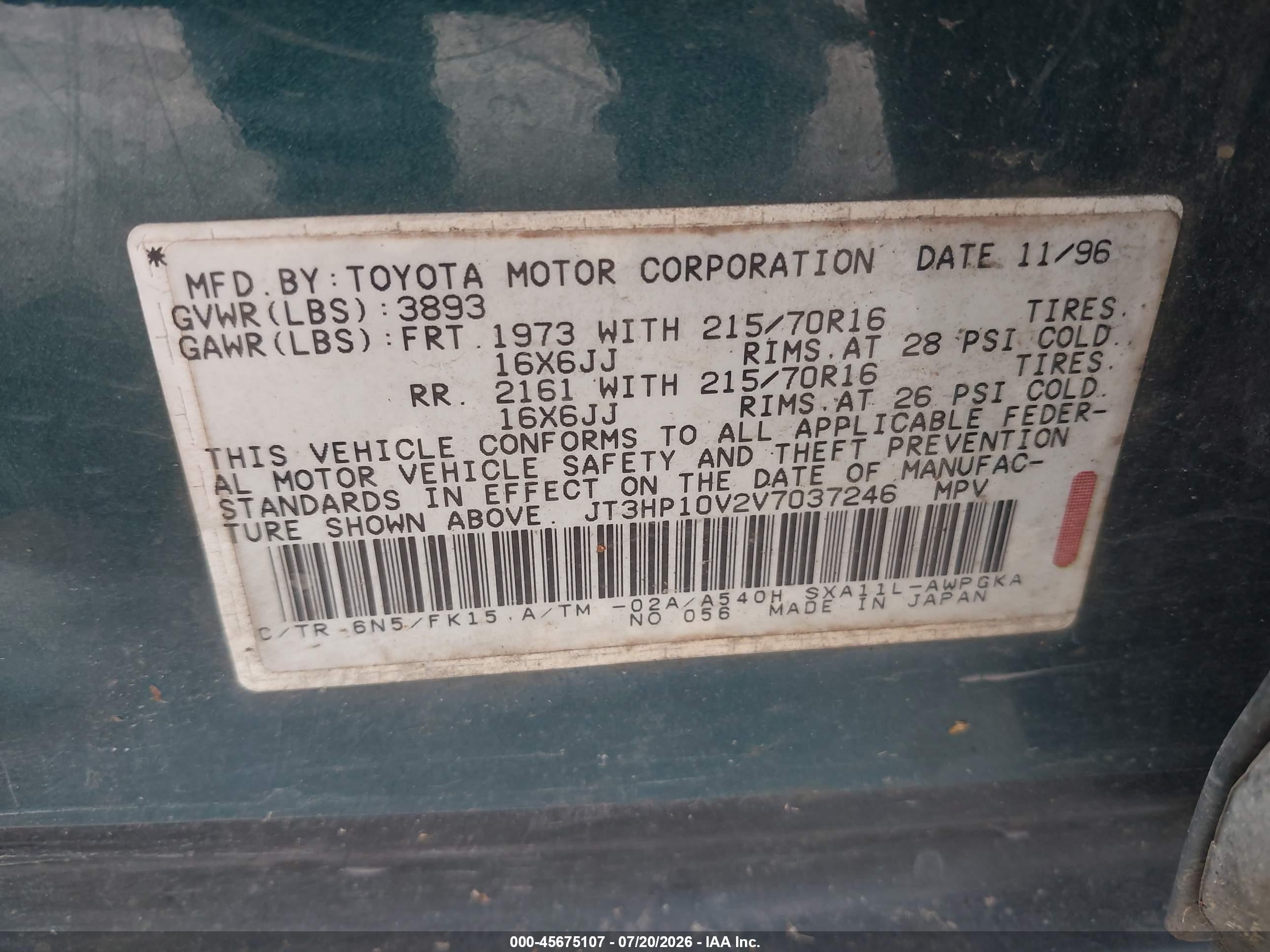 1997 Toyota Rav4   Green vin: JT3HP10V2V7037246