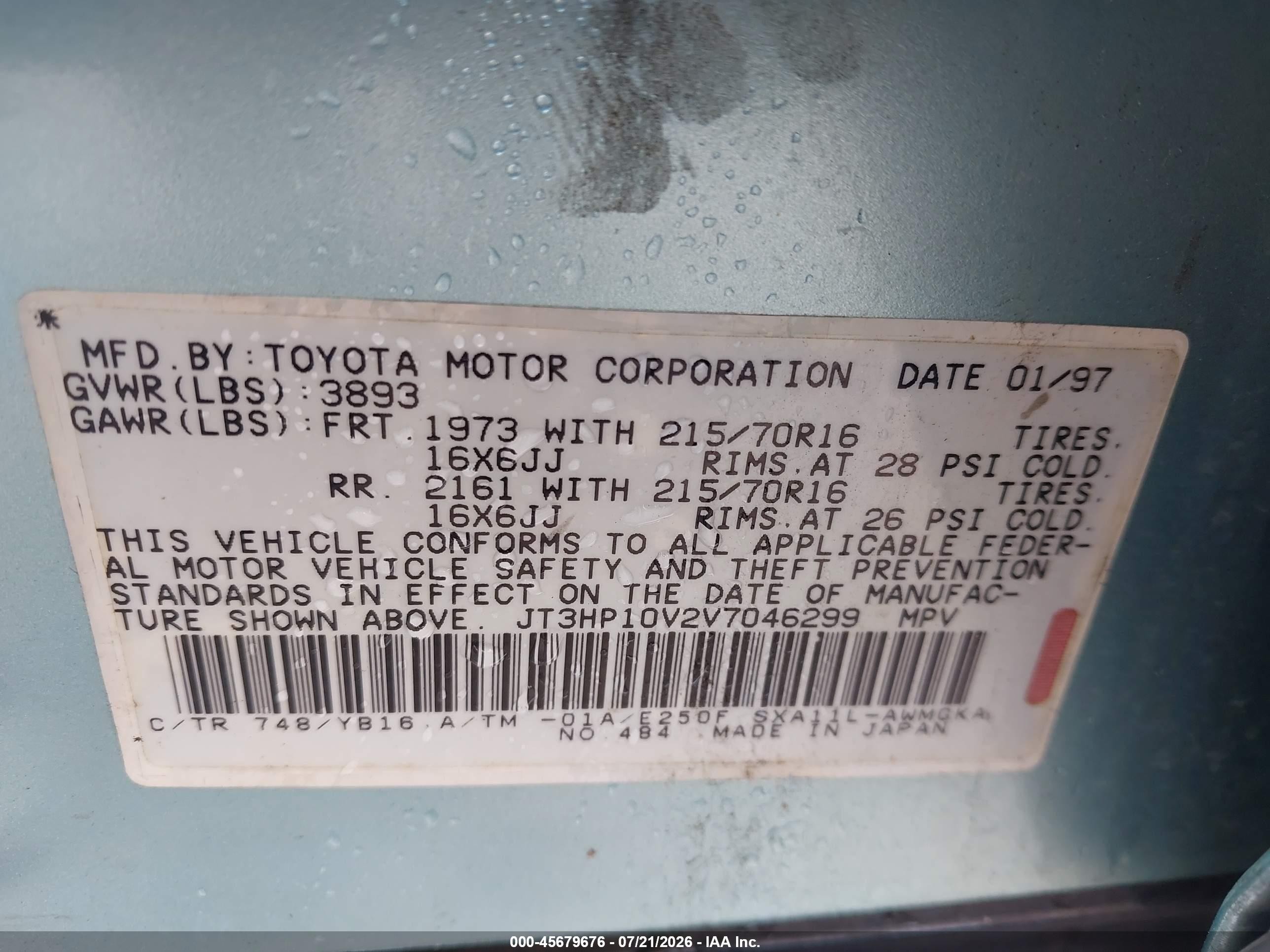 1997 Toyota Rav4   Light Blue vin: JT3HP10V2V7046299