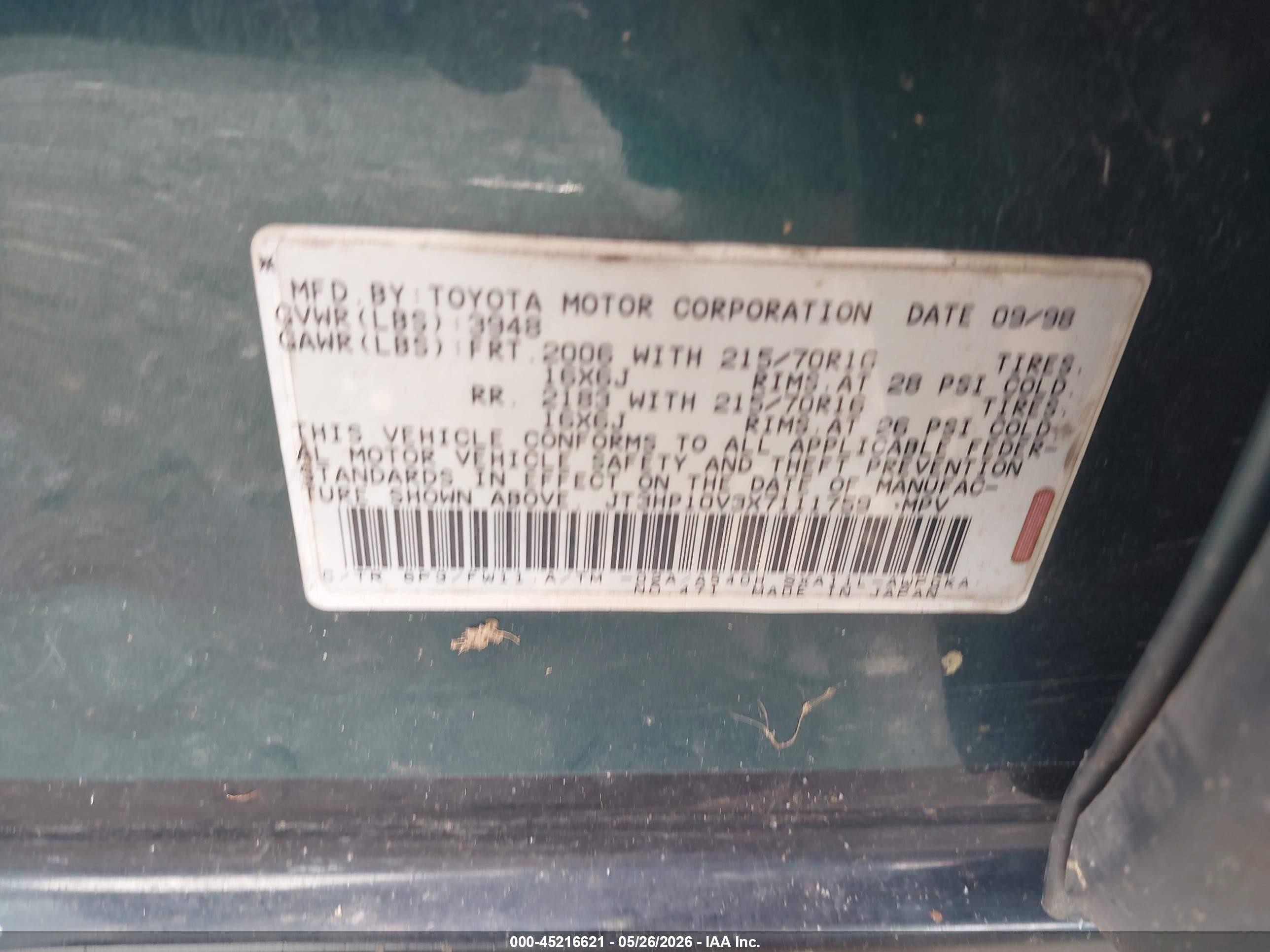 1999 Toyota Rav4   Green vin: JT3HP10V3X7111759