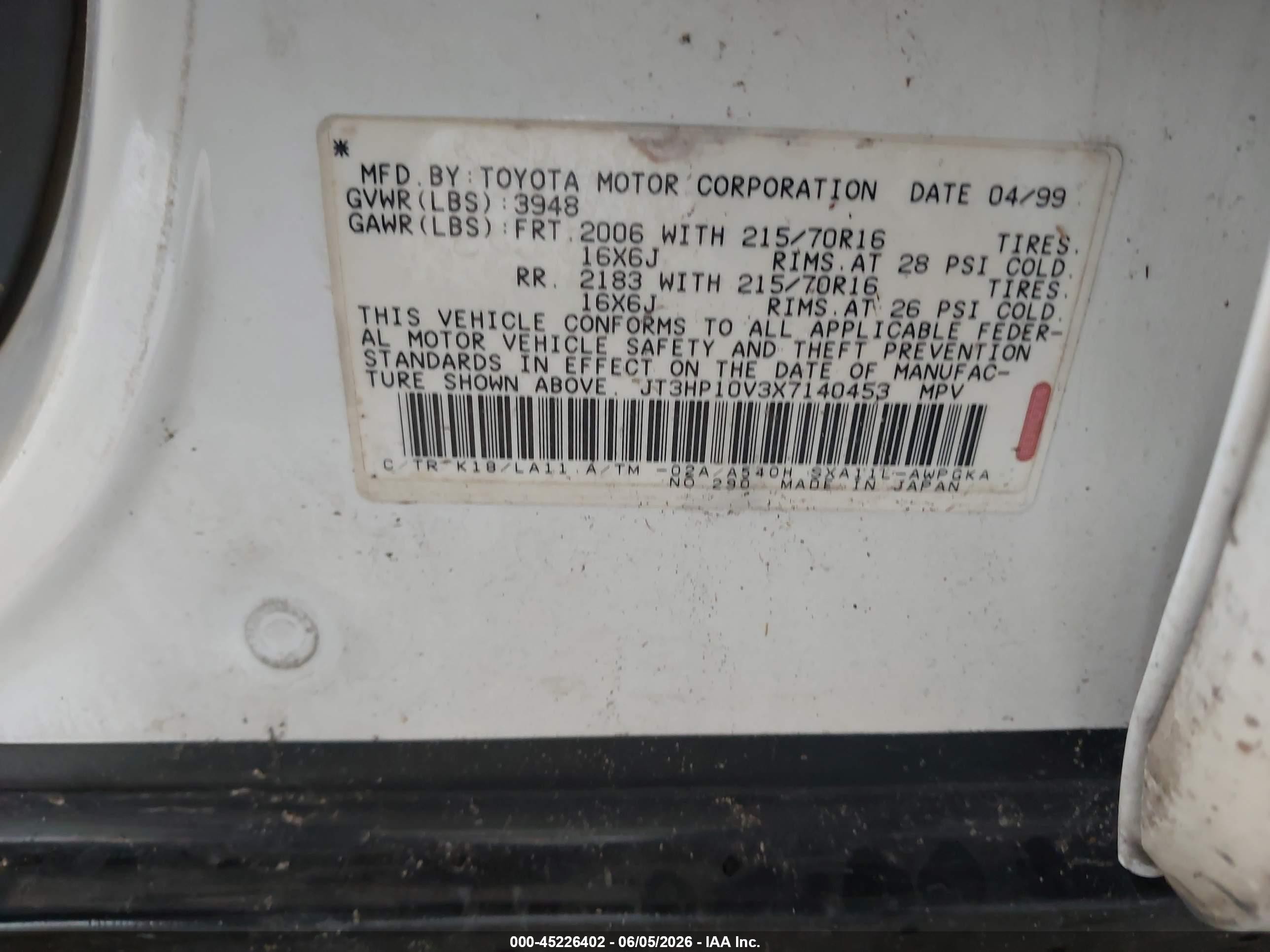 1999 Toyota Rav4   White vin: JT3HP10V3X7140453