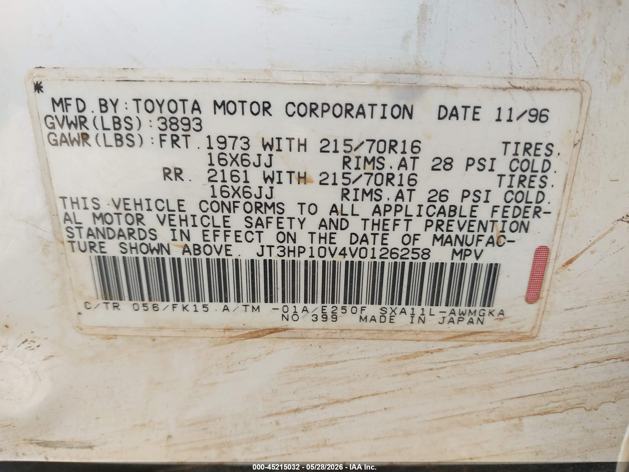1997 Toyota Rav4   White vin: JT3HP10V4V0126258