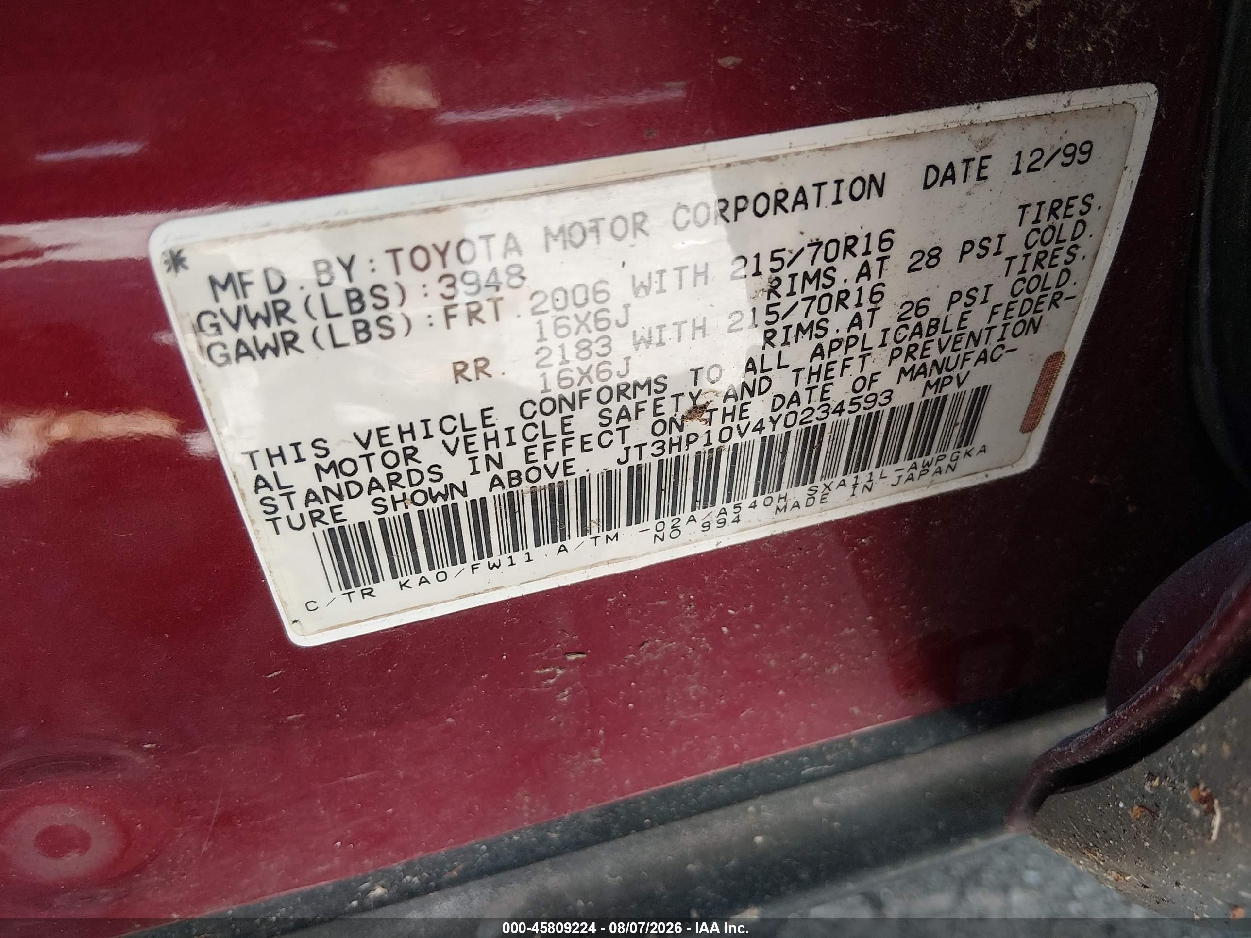 2000 Toyota Rav4   Maroon vin: JT3HP10V4Y0234593