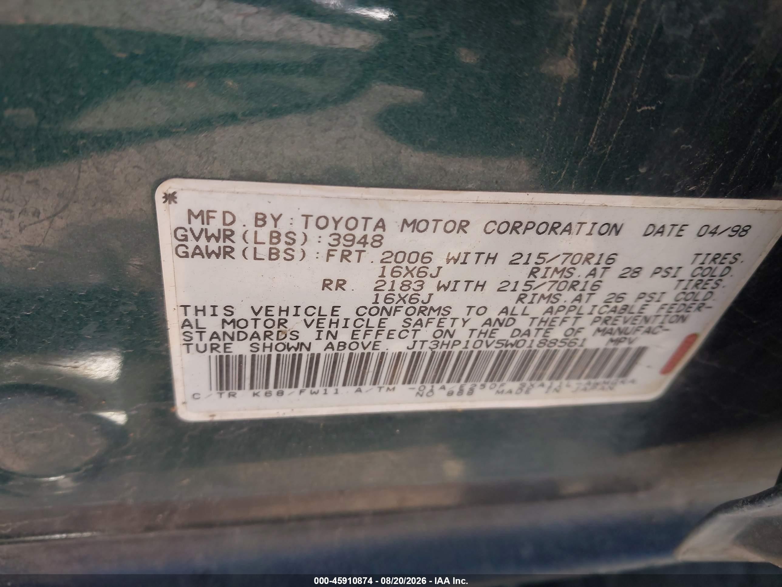 1998 Toyota Rav4   Green vin: JT3HP10V5W0188561