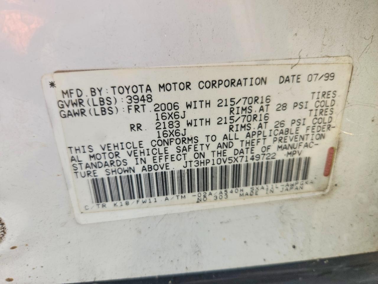 1999 Toyota Rav4 Base White vin: JT3HP10V5X7149722