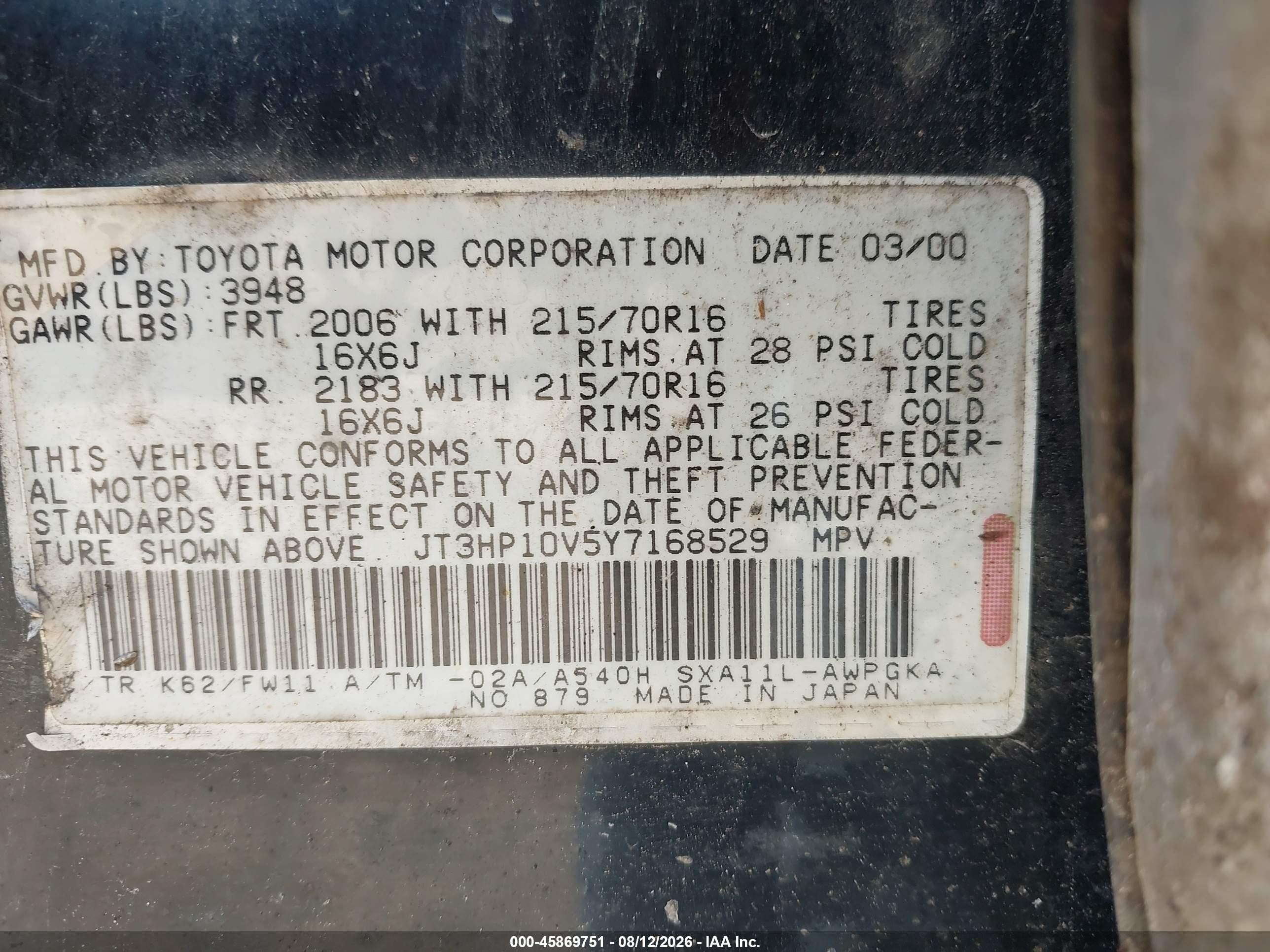 2000 Toyota Rav4   Black vin: JT3HP10V5Y7168529