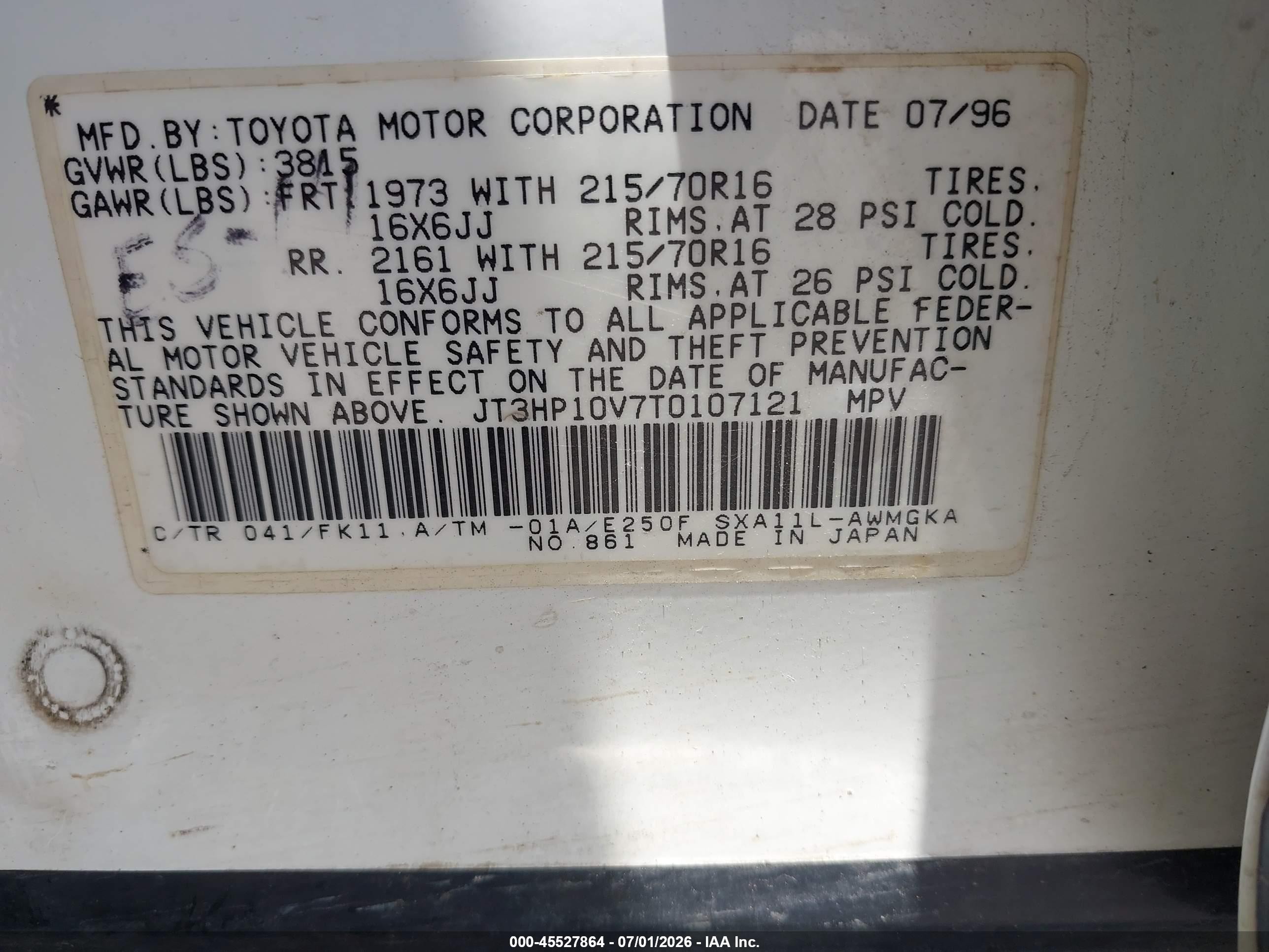 1996 Toyota Rav4   White vin: JT3HP10V7T0107121