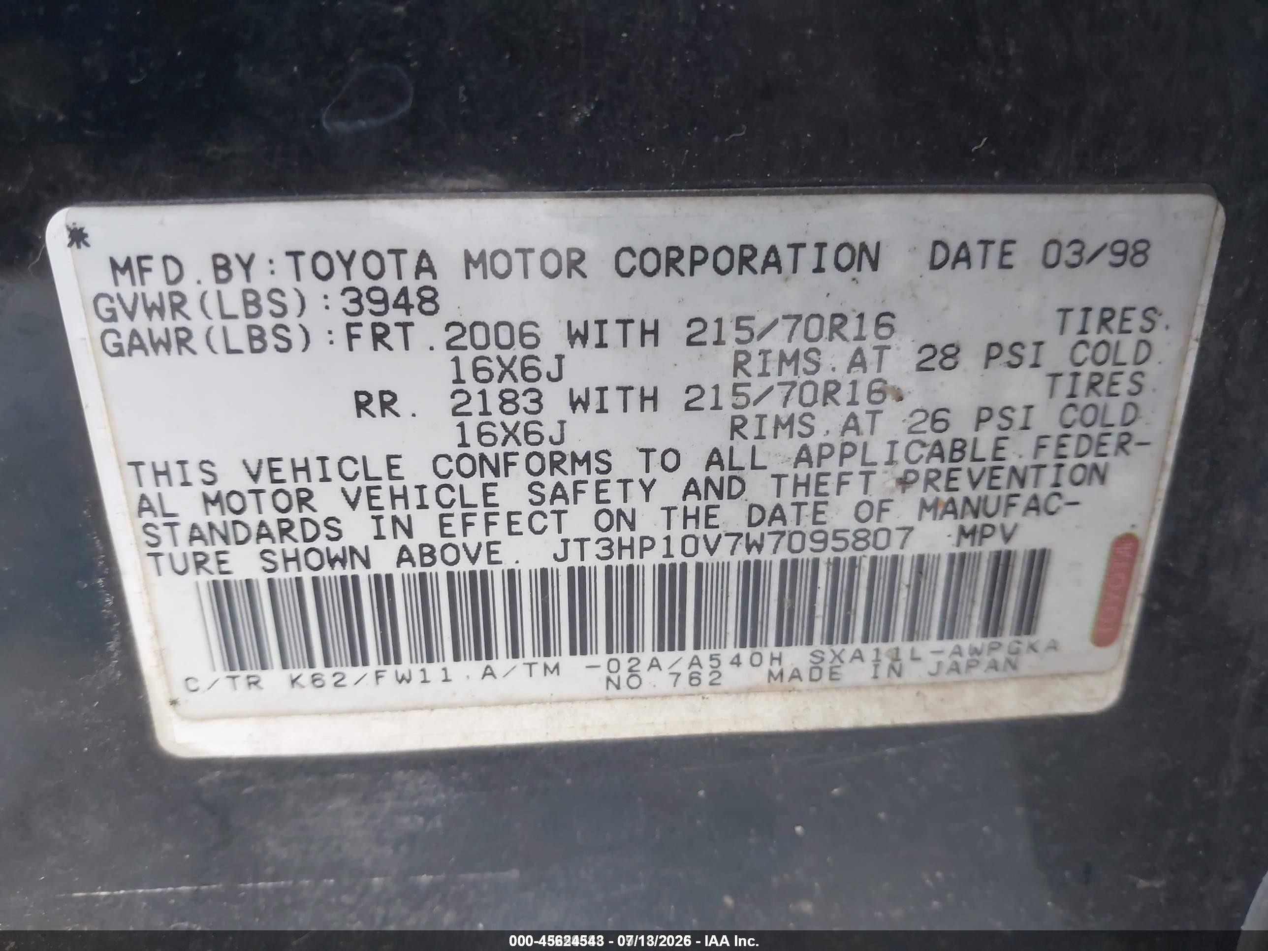 1998 Toyota Rav4   Black vin: JT3HP10V7W7095807