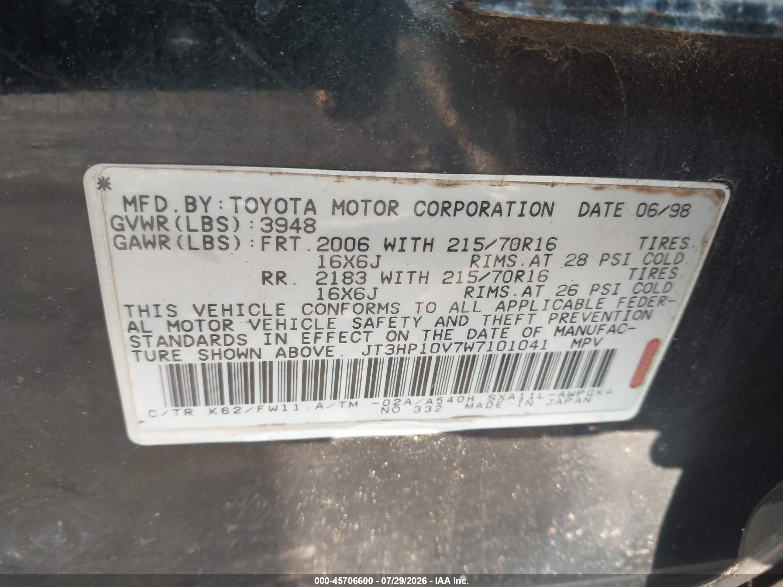 1998 Toyota Rav4   Черный vin: JT3HP10V7W7101041