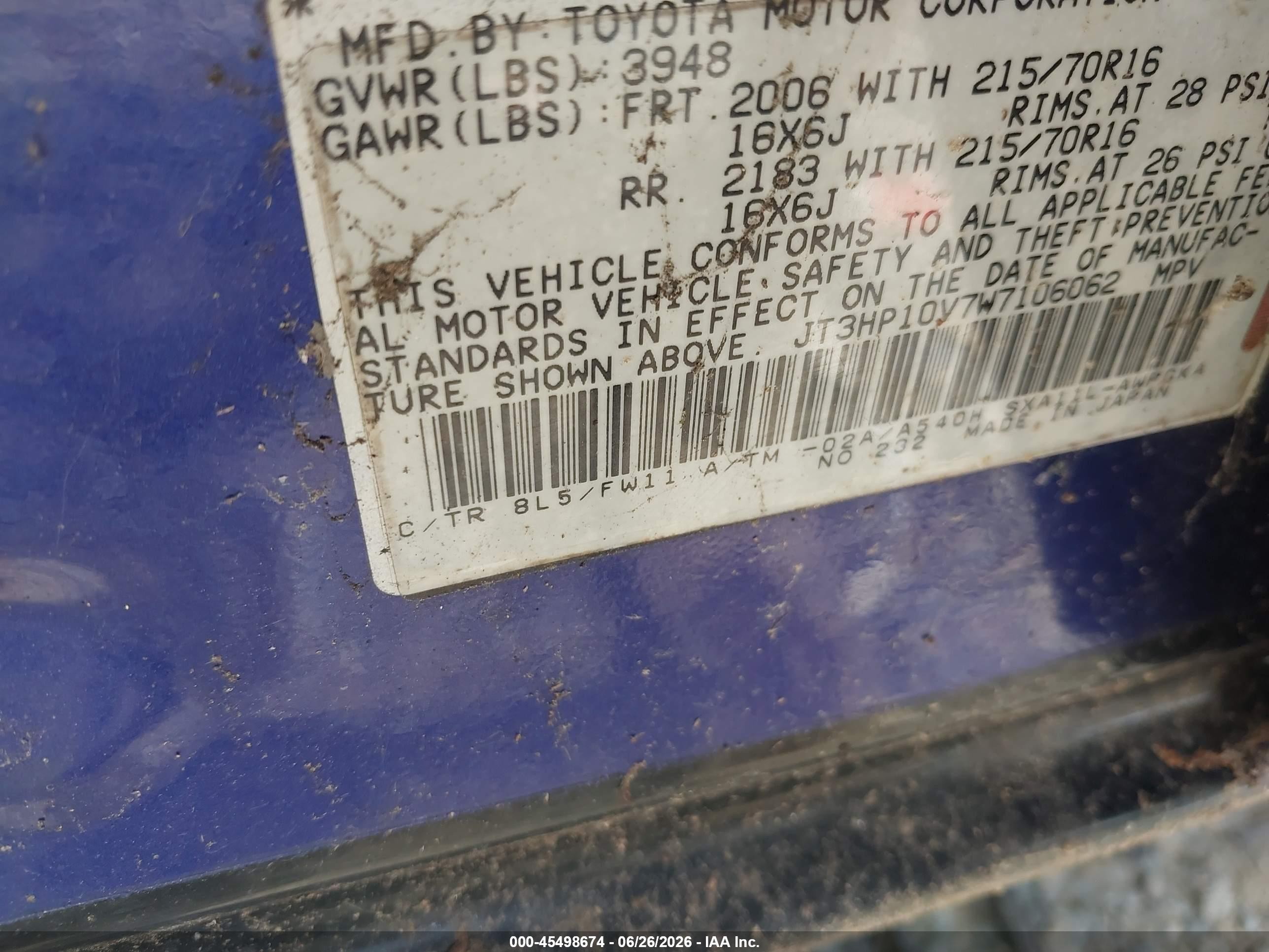 1998 Toyota Rav4   Blue vin: JT3HP10V7W7106062