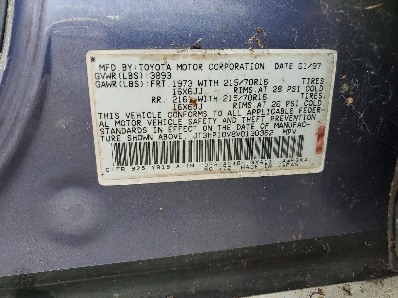 1997 Toyota Rav4 Base Blue vin: JT3HP10V8V0130362