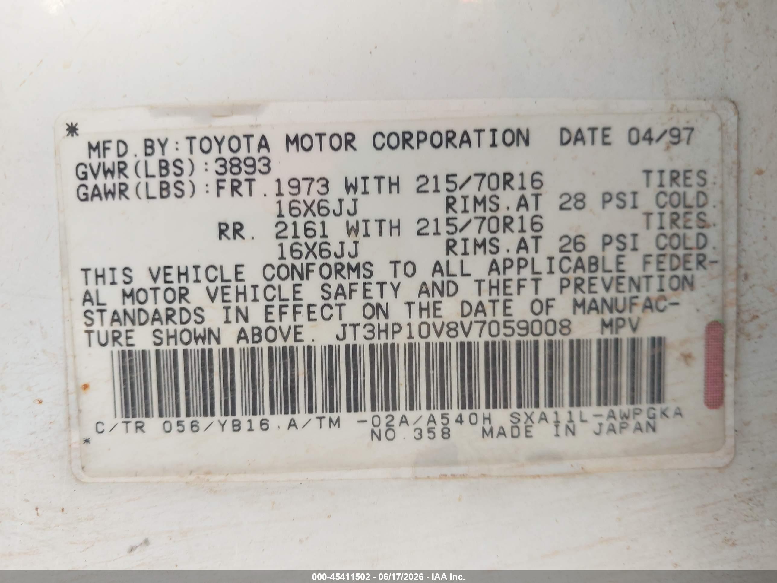 1997 Toyota Rav4   White vin: JT3HP10V8V7059008