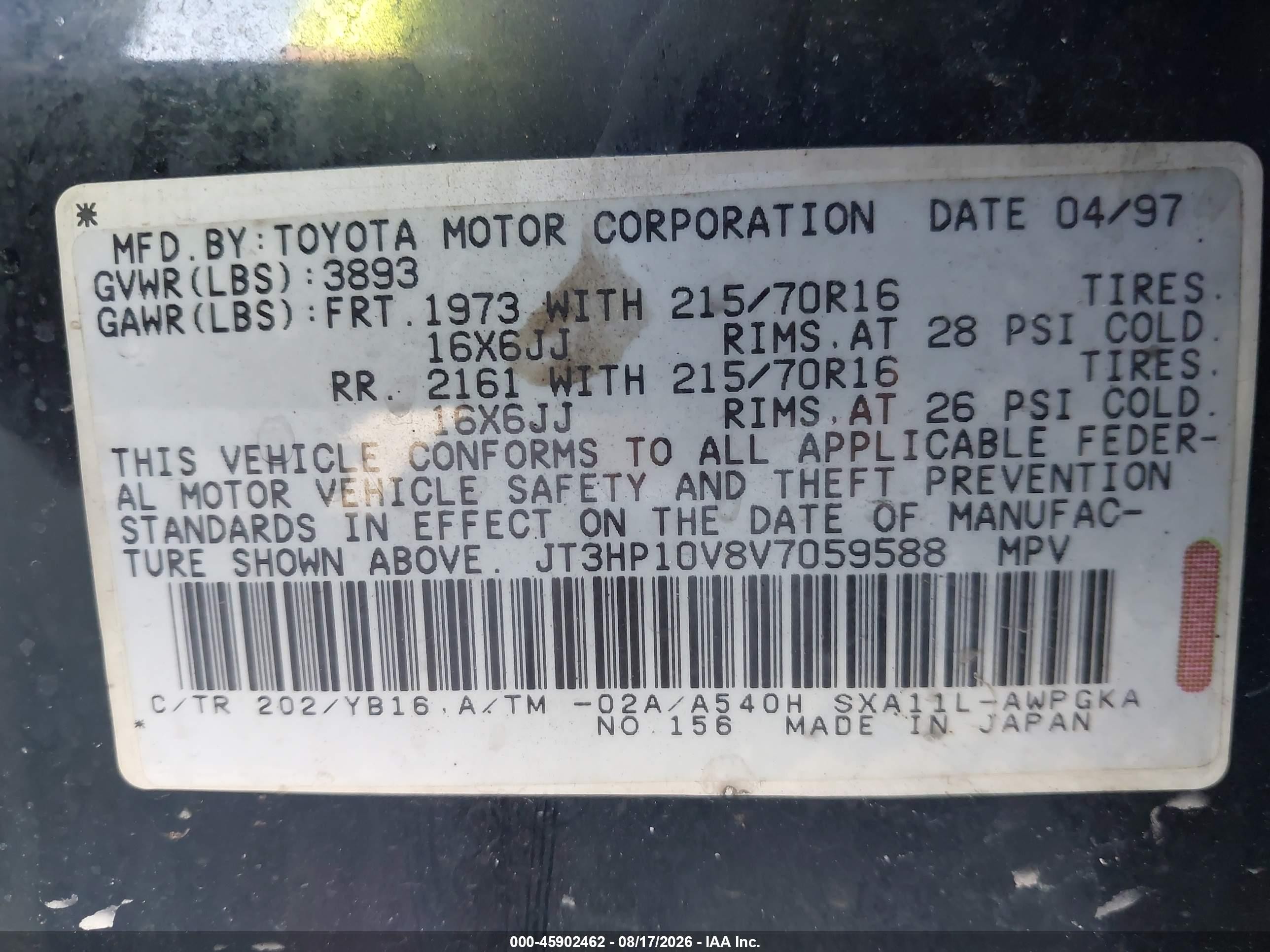 1997 Toyota Rav4   Black vin: JT3HP10V8V7059588