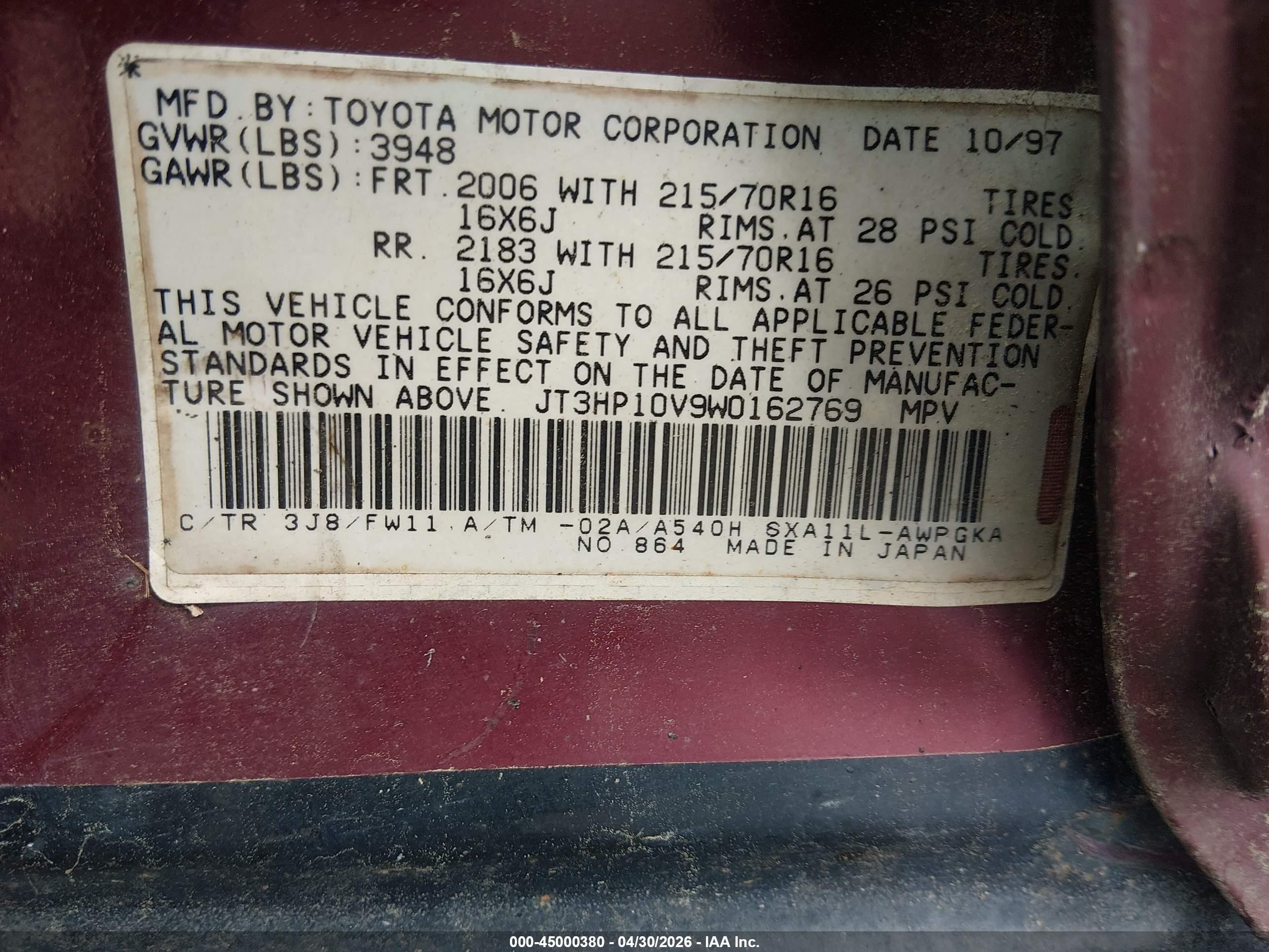 1998 Toyota Rav4   Burgundy vin: JT3HP10V9W0162769