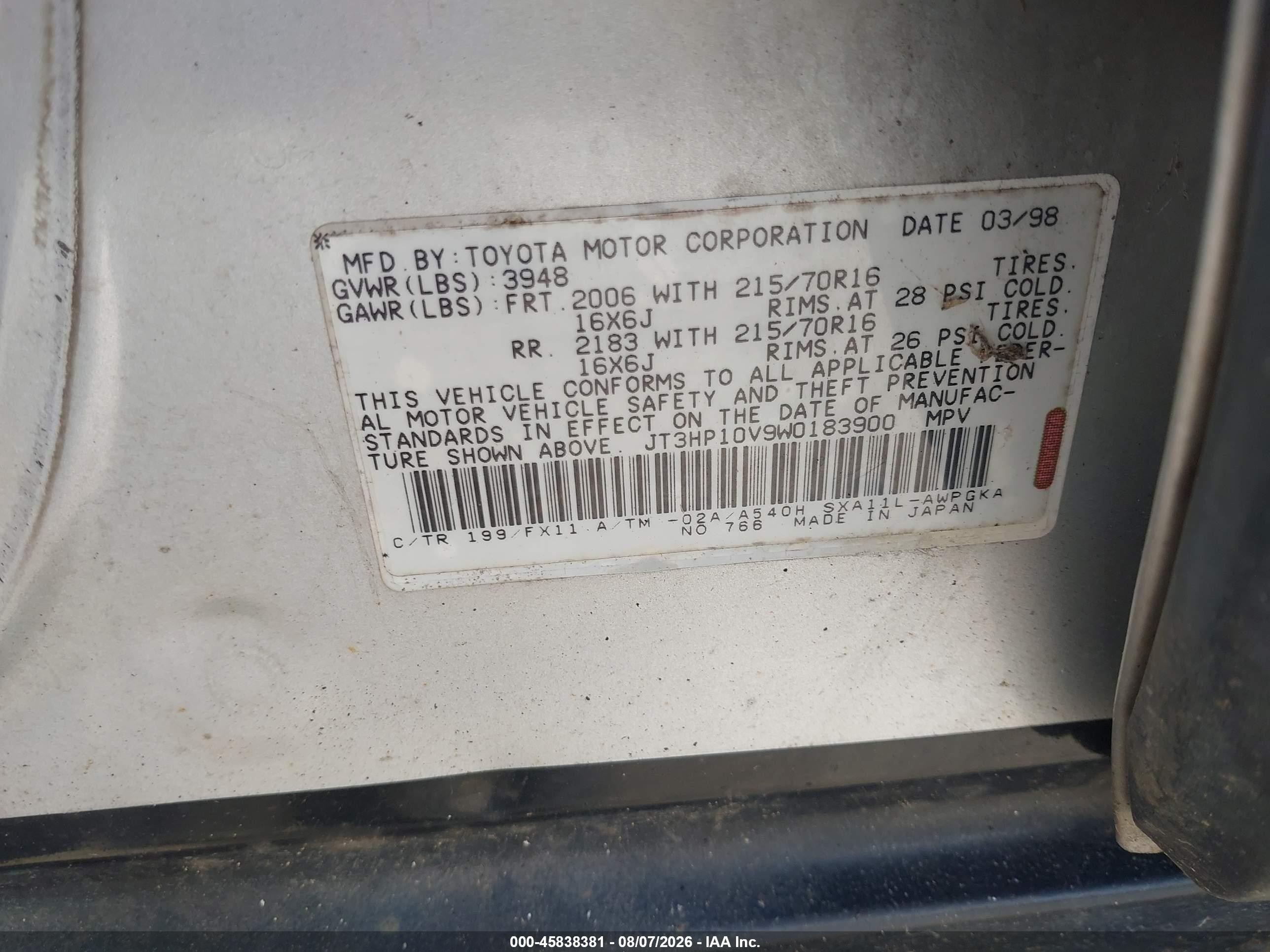 1998 Toyota Rav4   Silver vin: JT3HP10V9W0183900