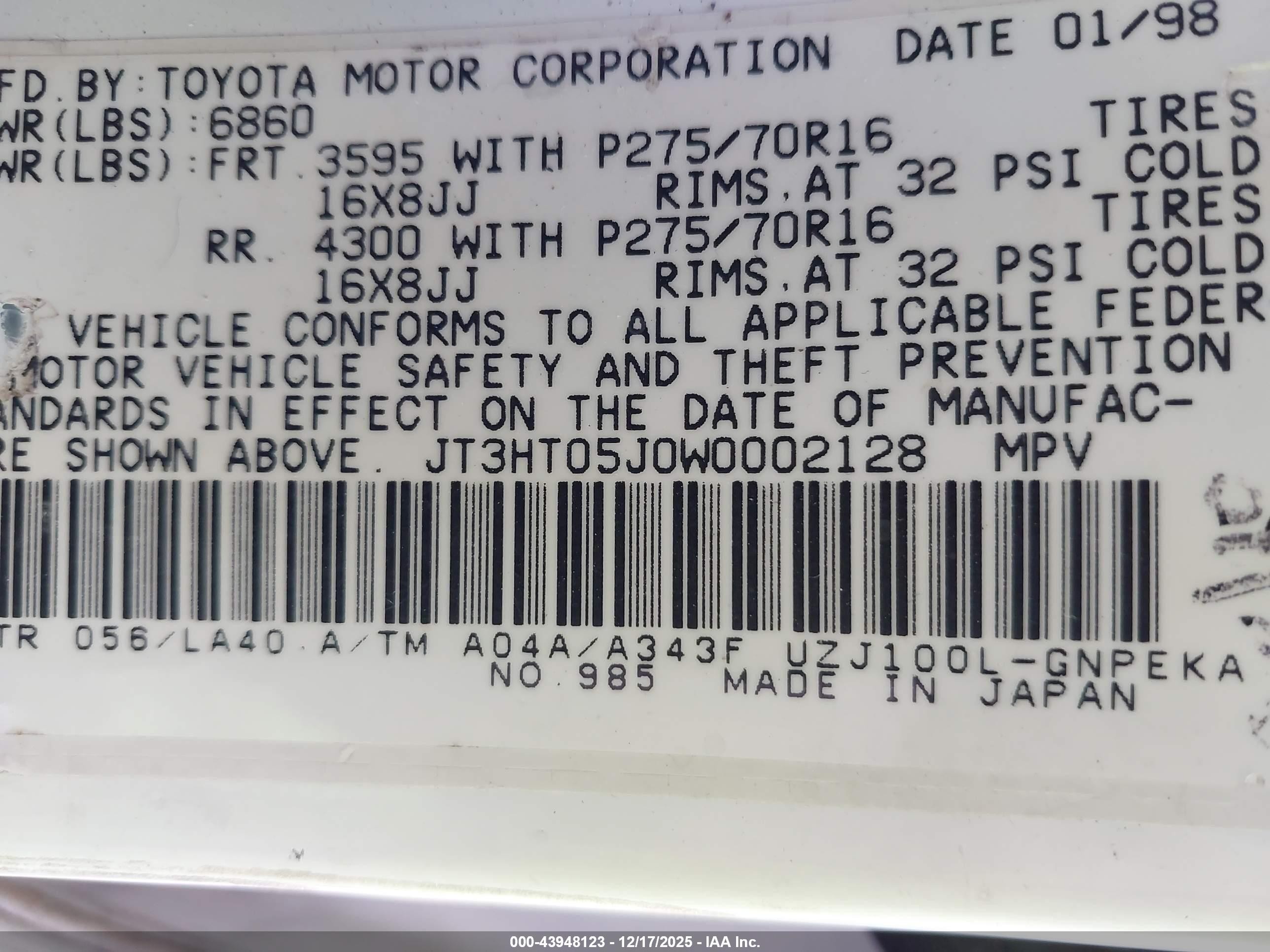 1998 Toyota Land Cruiser   White vin: JT3HT05J0W0002128