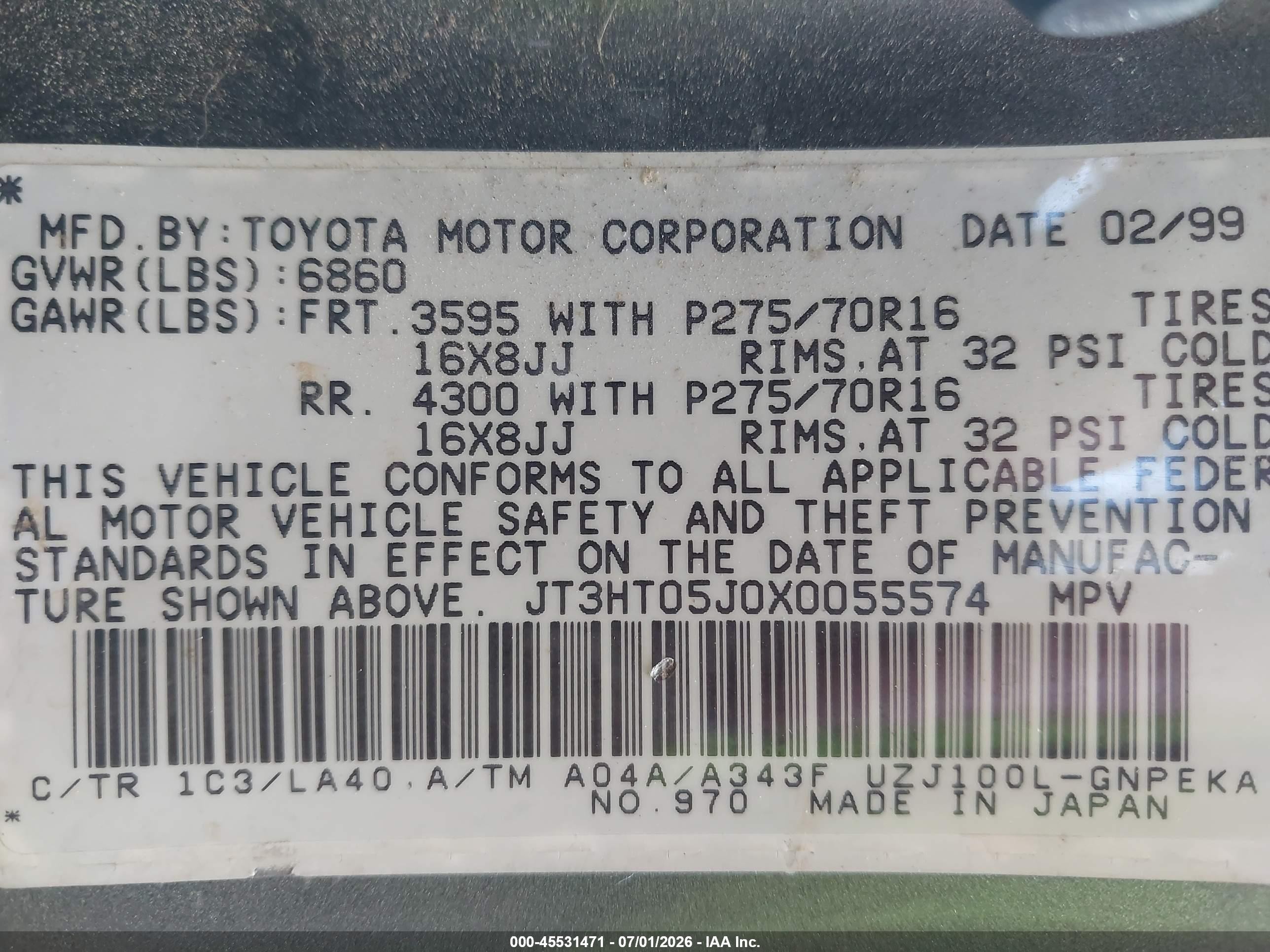 1999 Toyota Land Cruiser   Brown vin: JT3HT05J0X0055574