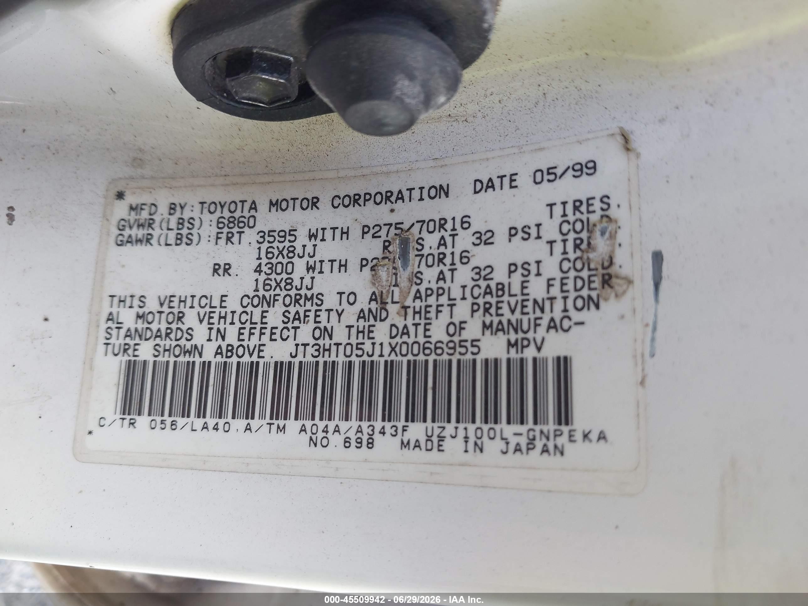 1999 Toyota Land Cruiser   White vin: JT3HT05J1X0066955