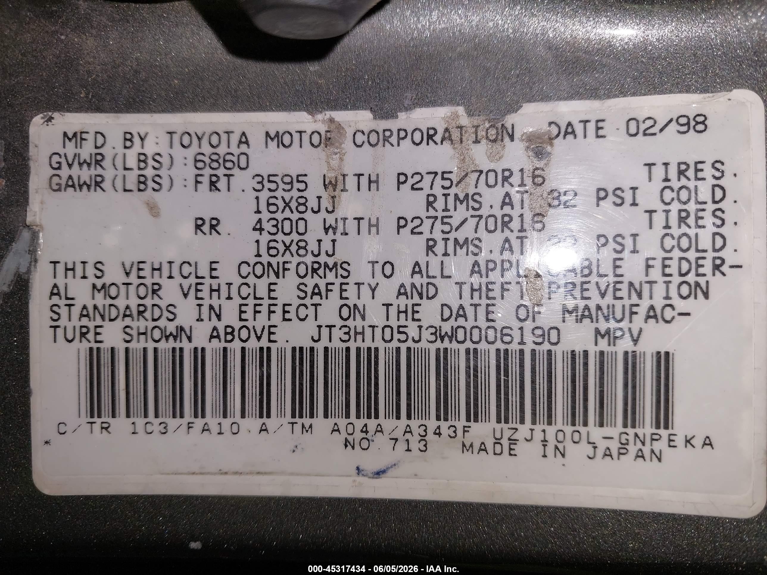 1998 Toyota Land Cruiser   Gray vin: JT3HT05J3W0006190