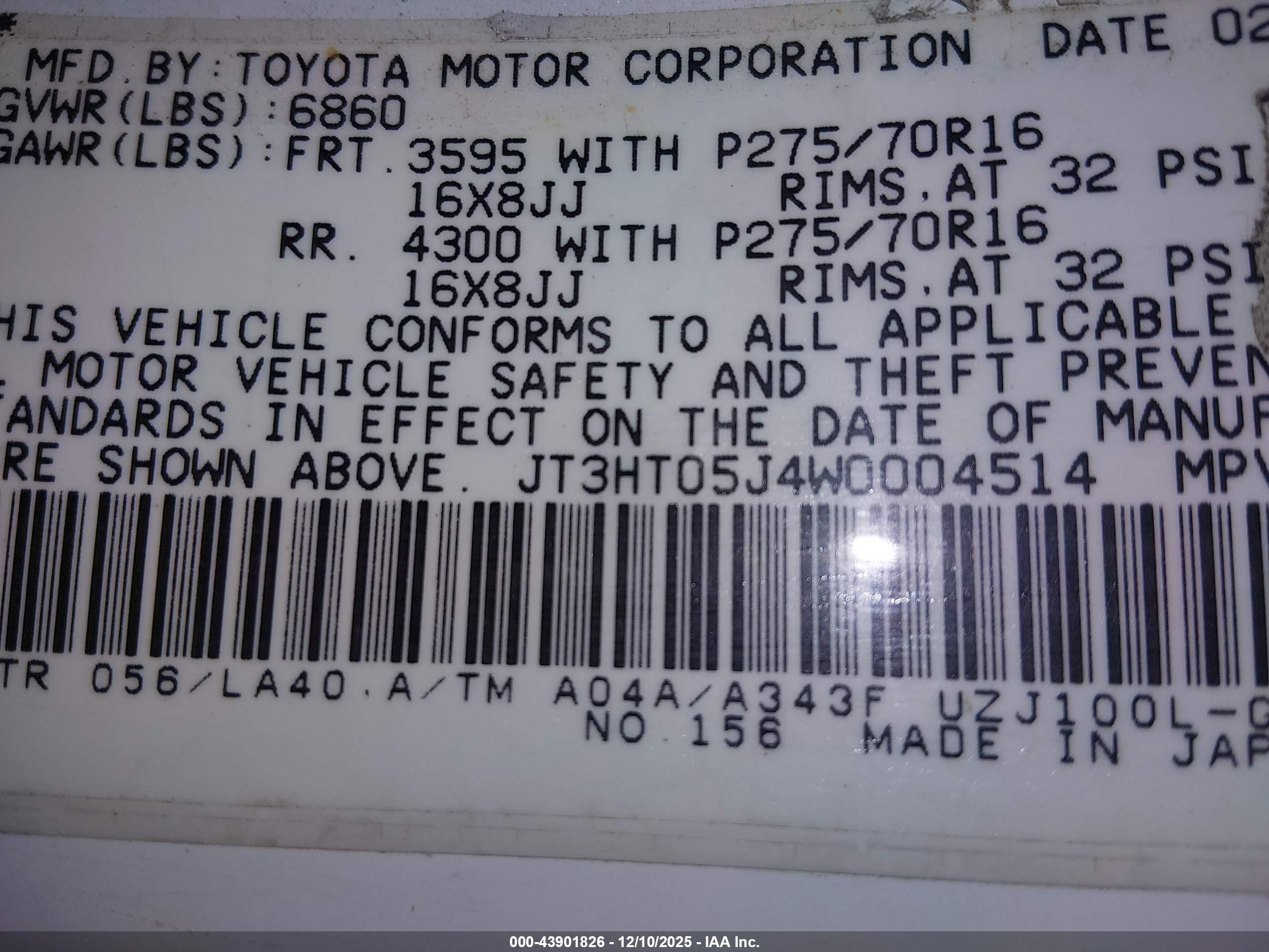 1998 Toyota Land Cruiser   White vin: JT3HT05J4W0004514