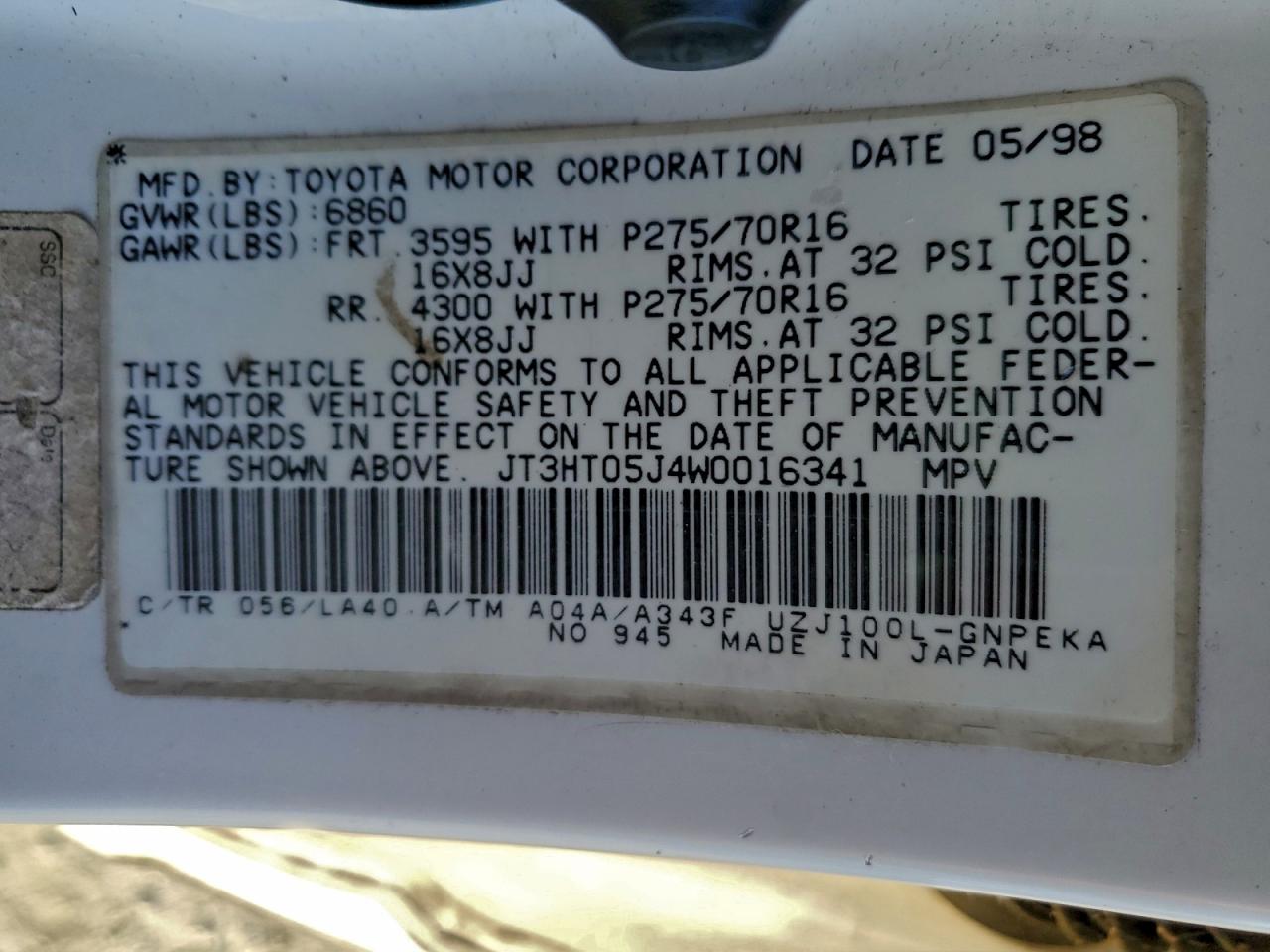 1998 Toyota Land Cruiser White vin: JT3HT05J4W0016341