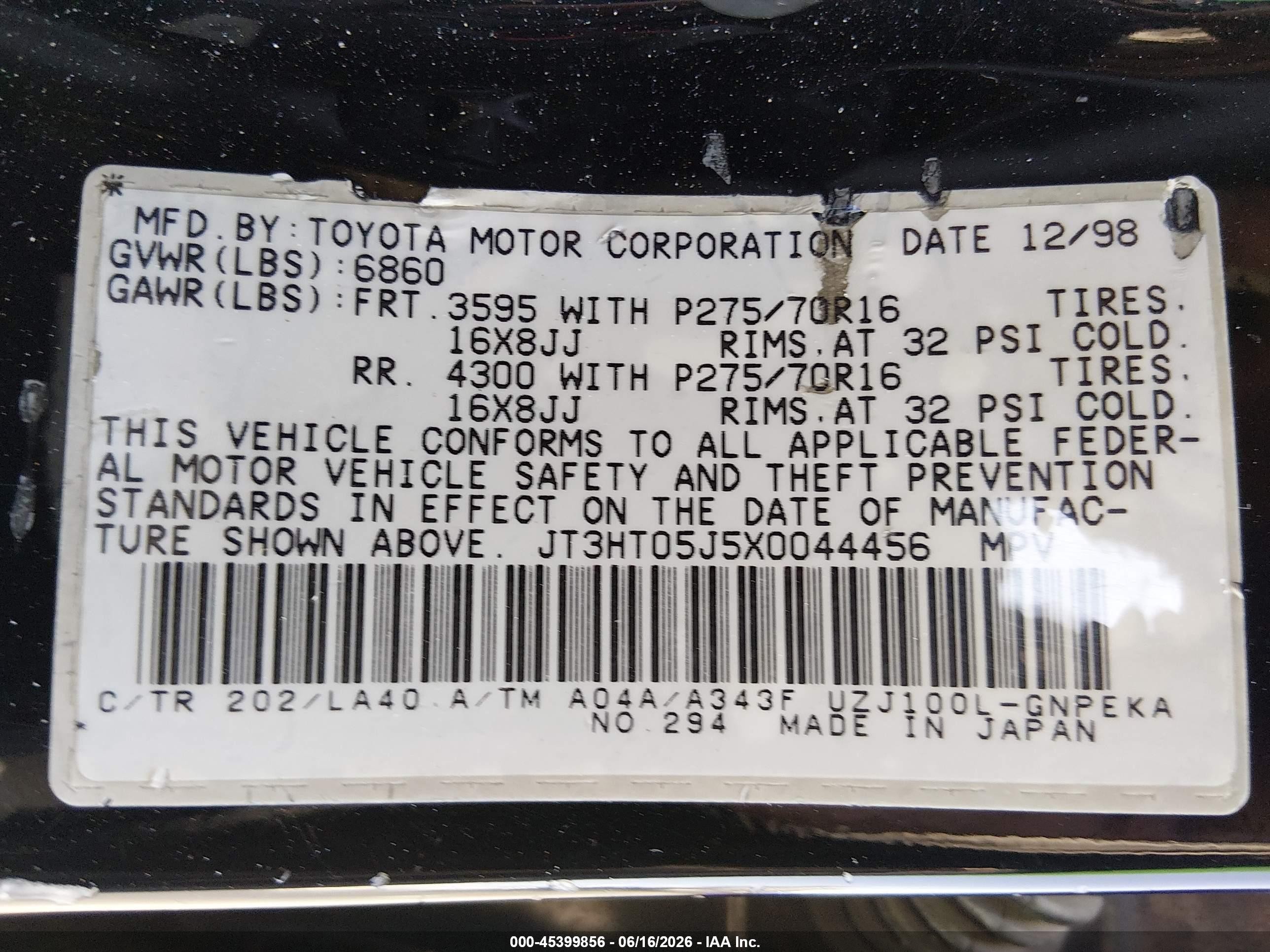 1999 Toyota Land Cruiser   Black vin: JT3HT05J5X0044456