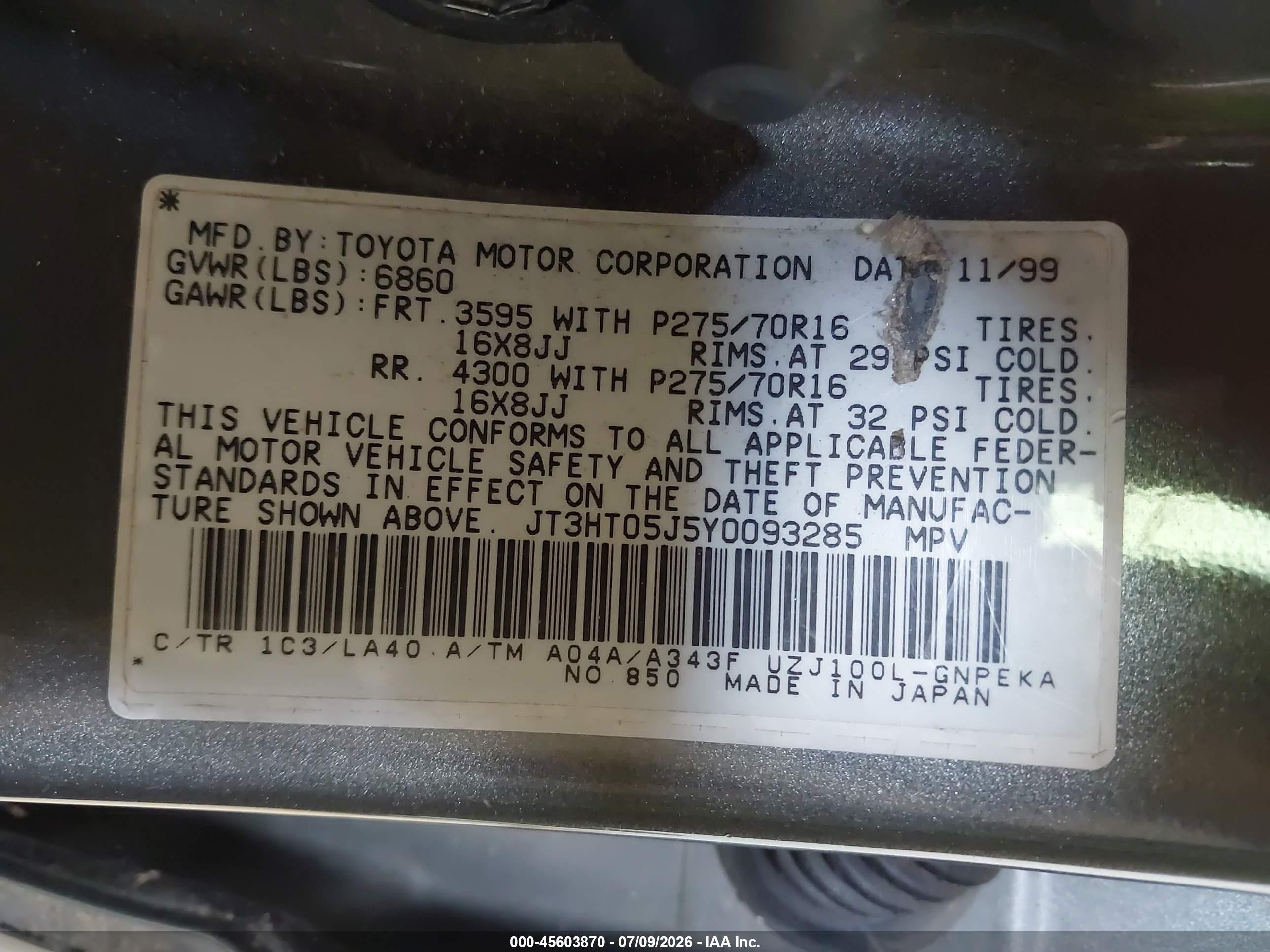 2000 Toyota Land Cruiser Gray vin: JT3HT05J5Y0093285