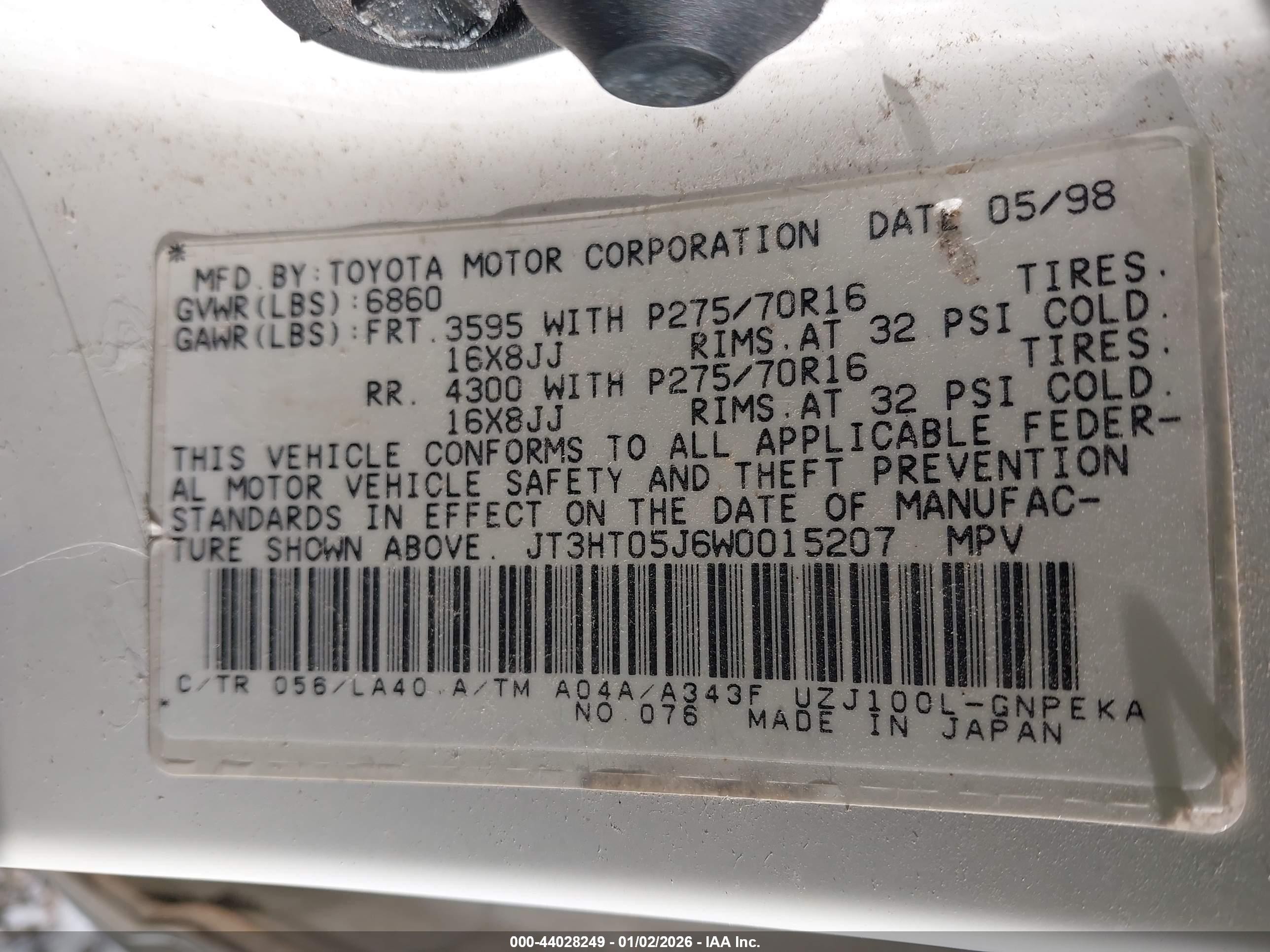 1998 Toyota Land Cruiser   Белый vin: JT3HT05J6W0015207