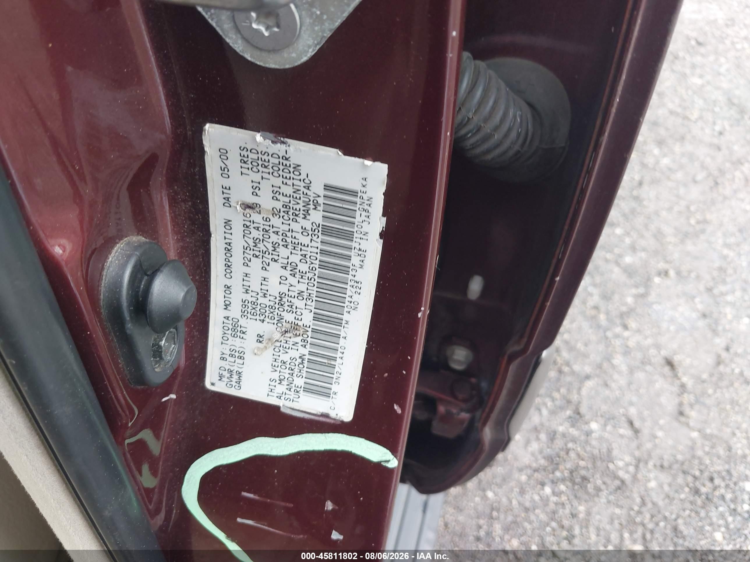 2000 Toyota Land Cruiser Бордовый vin: JT3HT05J6Y0117352