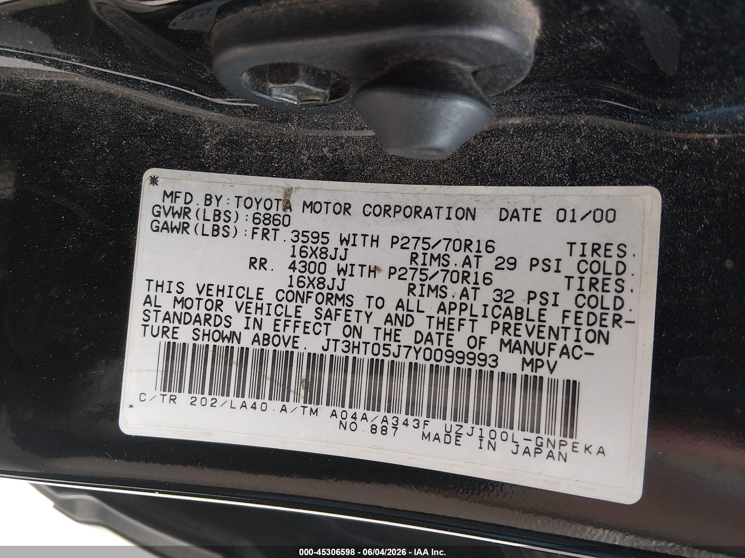 2000 Toyota Land Cruiser   Black vin: JT3HT05J7Y0099993