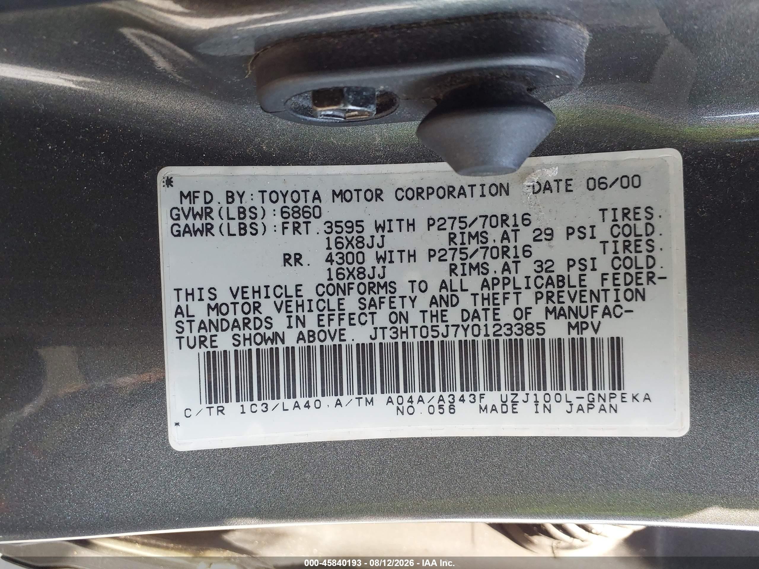 2000 Toyota Land Cruiser   Gray vin: JT3HT05J7Y0123385