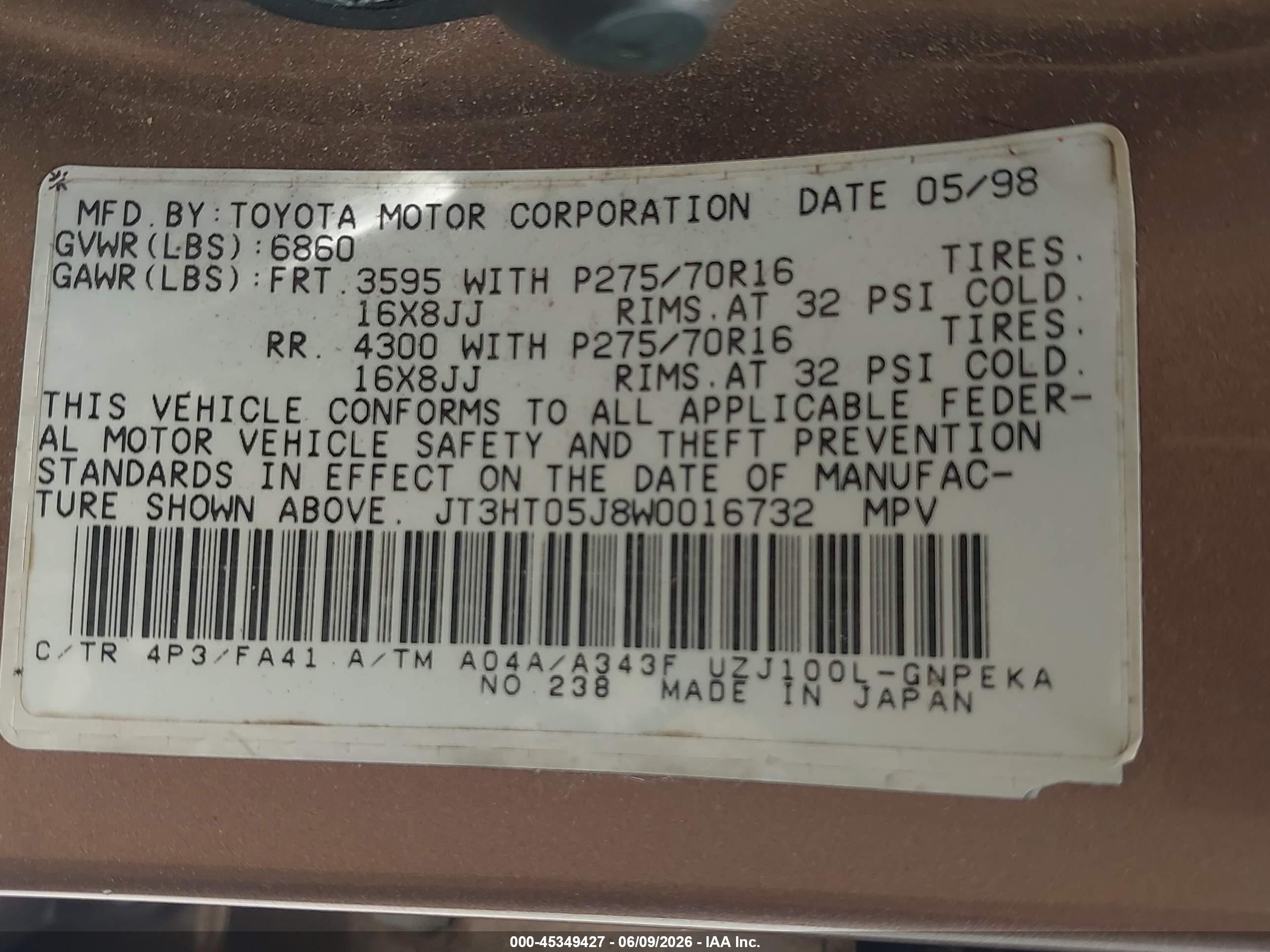 1998 Toyota Land Cruiser   Brown vin: JT3HT05J8W0016732