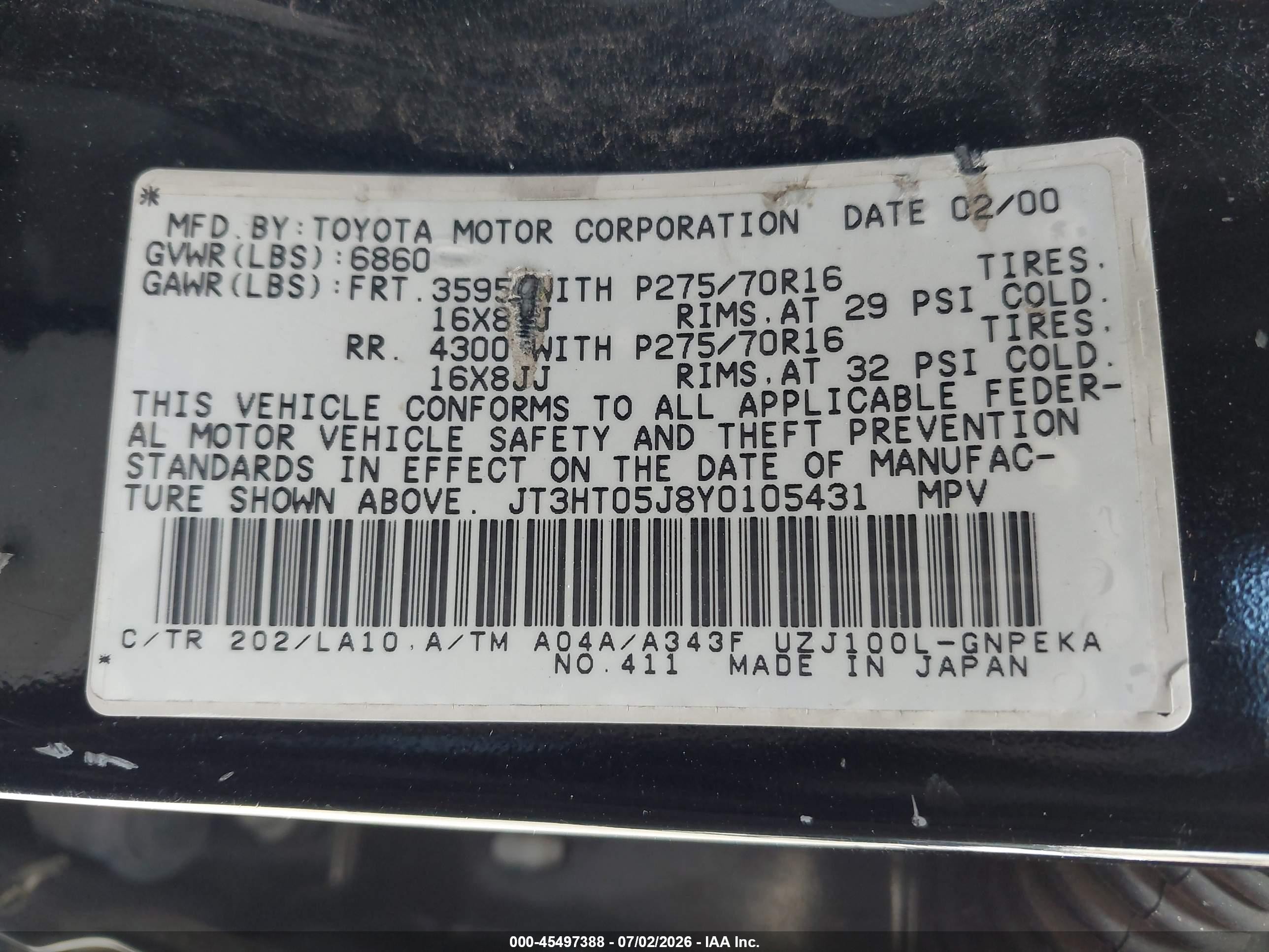 2000 Toyota Land Cruiser   Black vin: JT3HT05J8Y0105431