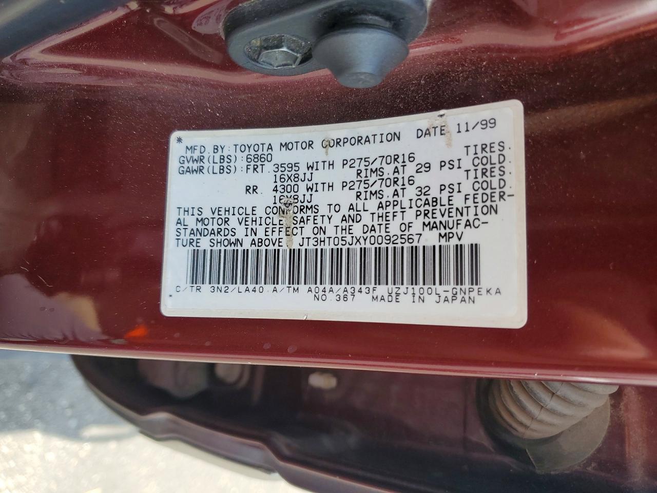 2000 Toyota Land Cruiser Base Burgundy vin: JT3HT05JXY0092567