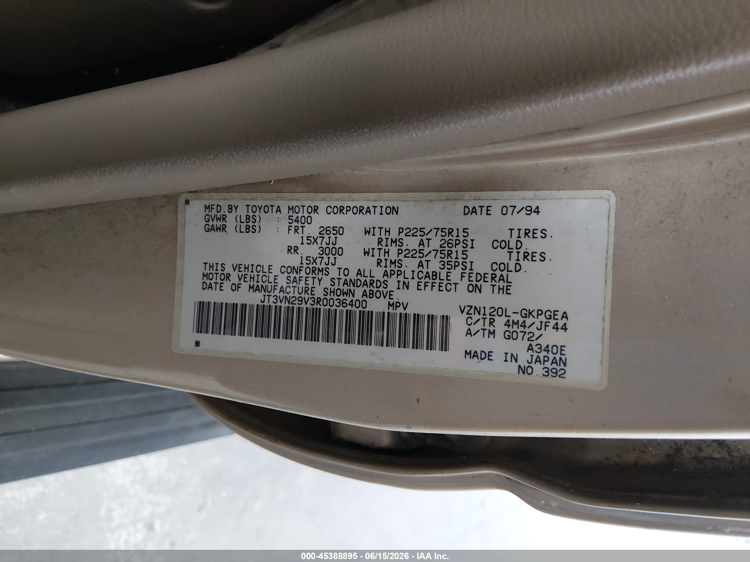 1994 Toyota 4runner Vn29 Sr5 Beige vin: JT3VN29V3R0036400