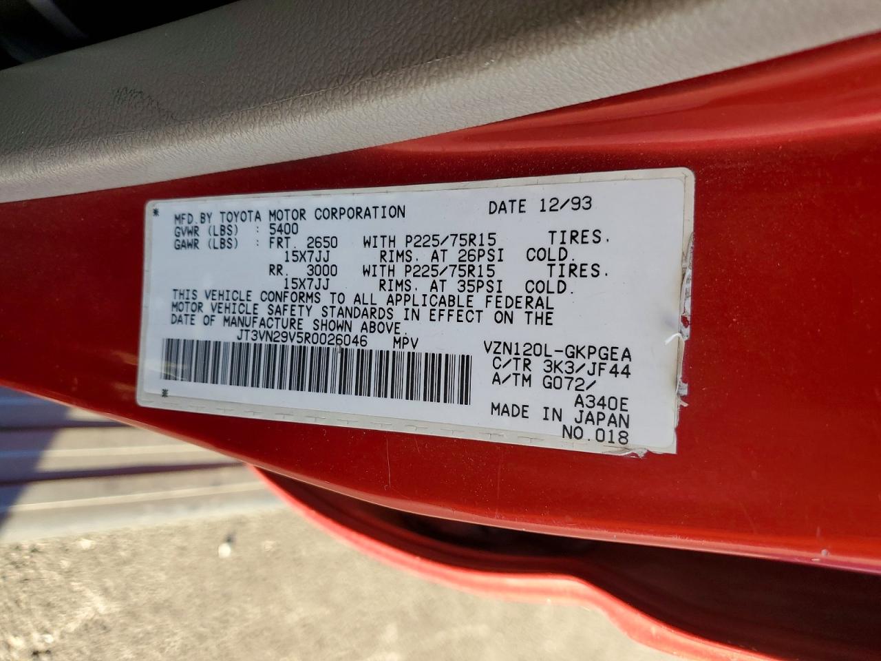 1994 Toyota 4runner Vn29 Sr5 Red vin: JT3VN29V5R0026046