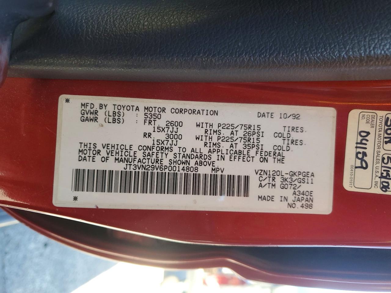 1993 Toyota 4runner Sr5 V6 Red vin: JT3VN29V6P0014808