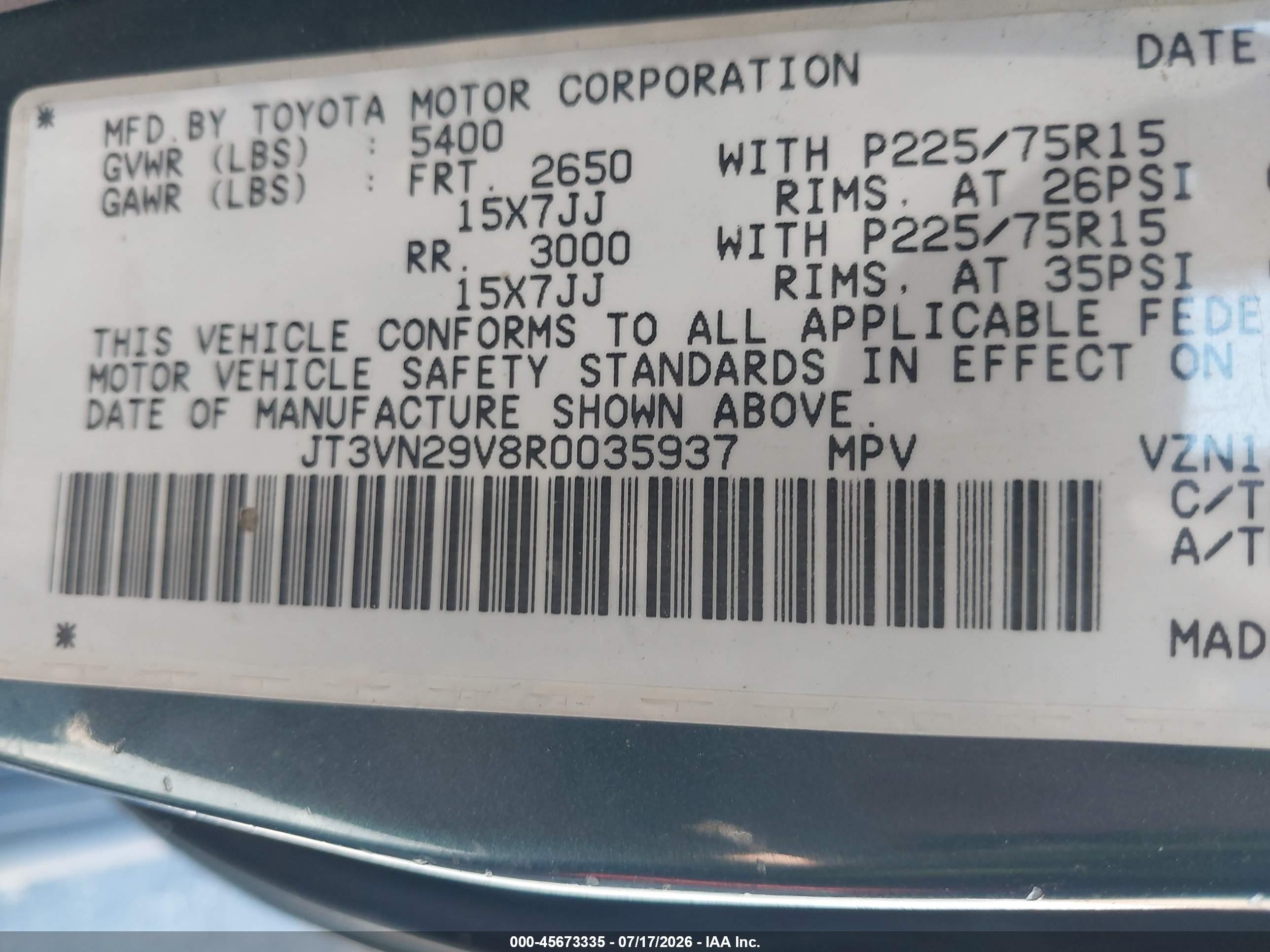 1994 Toyota 4runner Vn29 Sr5 Green vin: JT3VN29V8R0035937