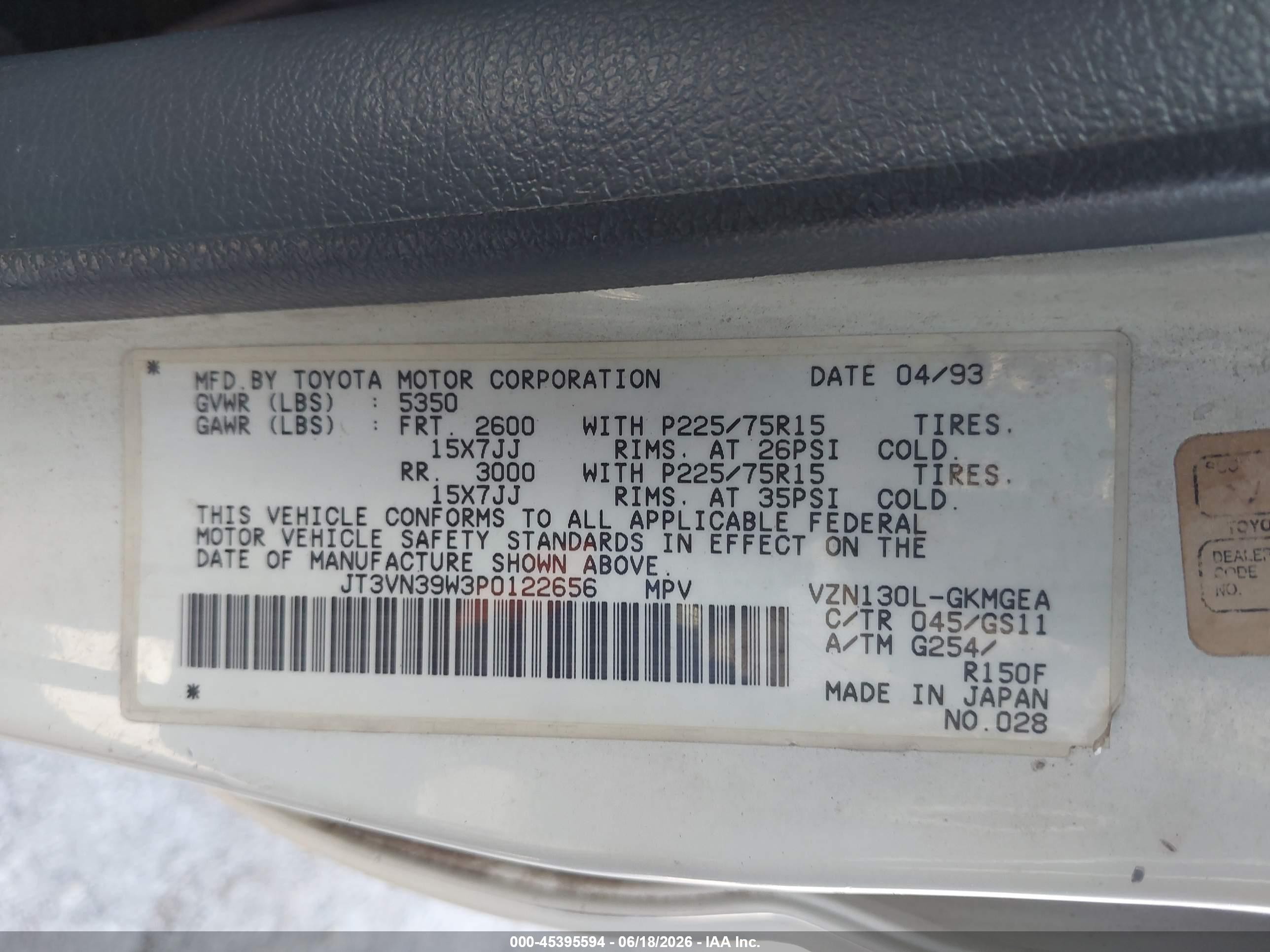 1993 Toyota 4runner Vn39 Sr5 White vin: JT3VN39W3P0122656
